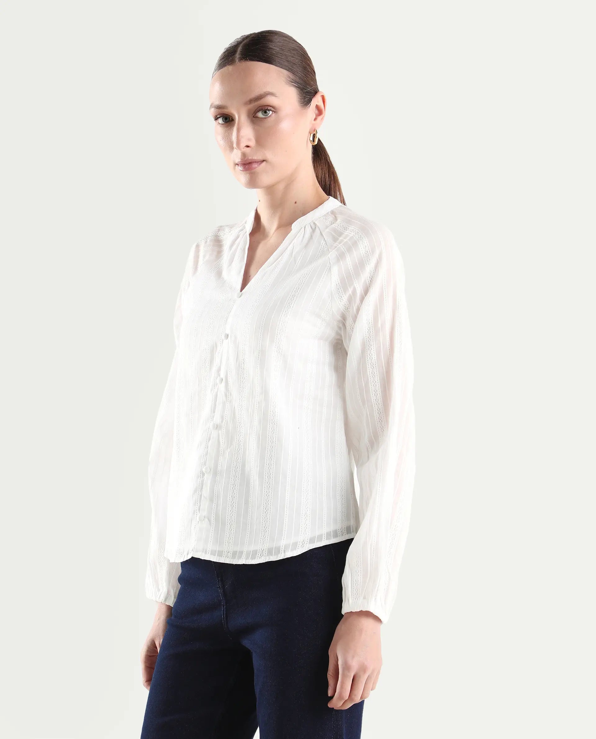 Rareism Women's Cava White Cotton Full Sleeve Regular Fit Plain Top