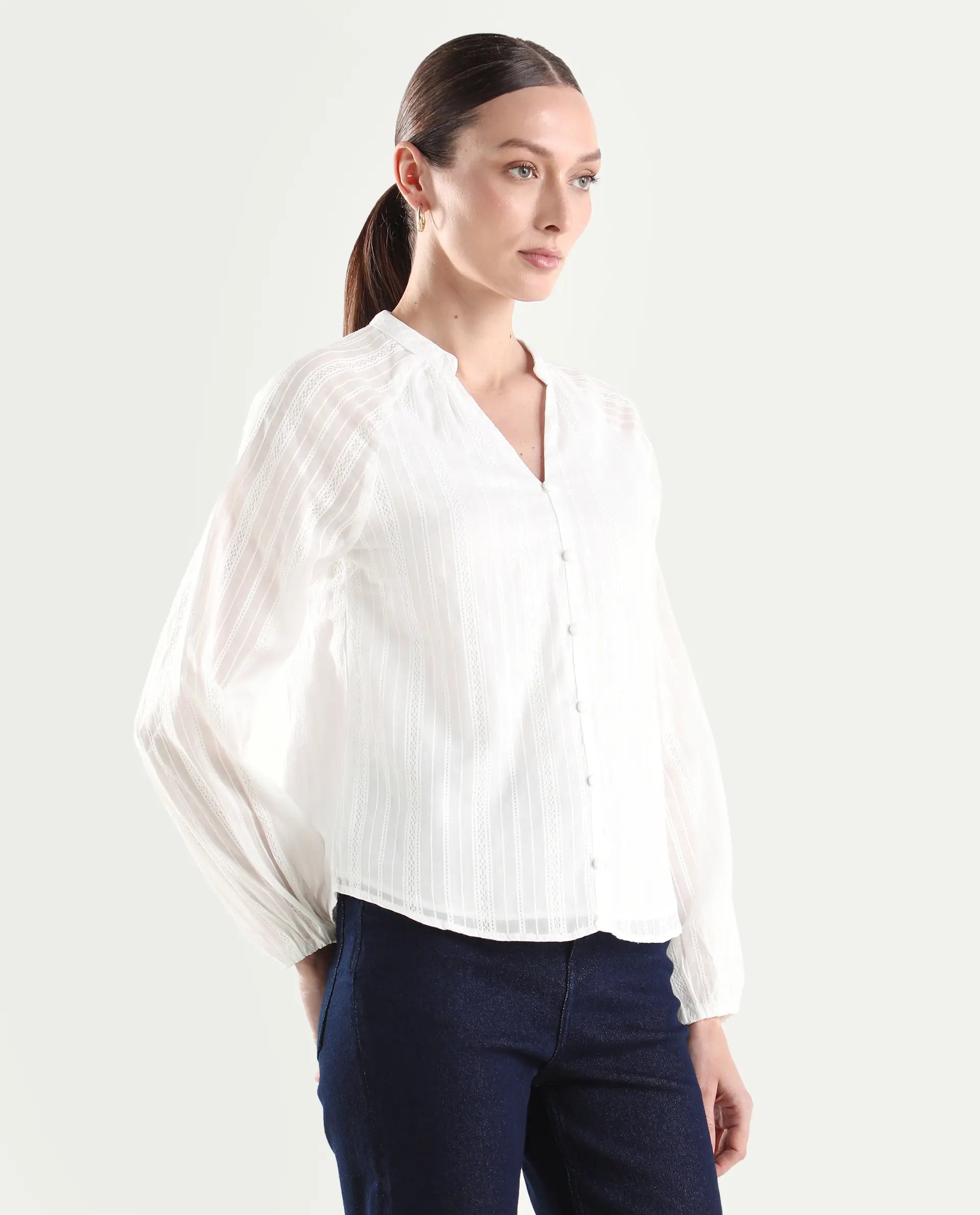 Rareism Women's Cava White Cotton Full Sleeve Regular Fit Plain Top