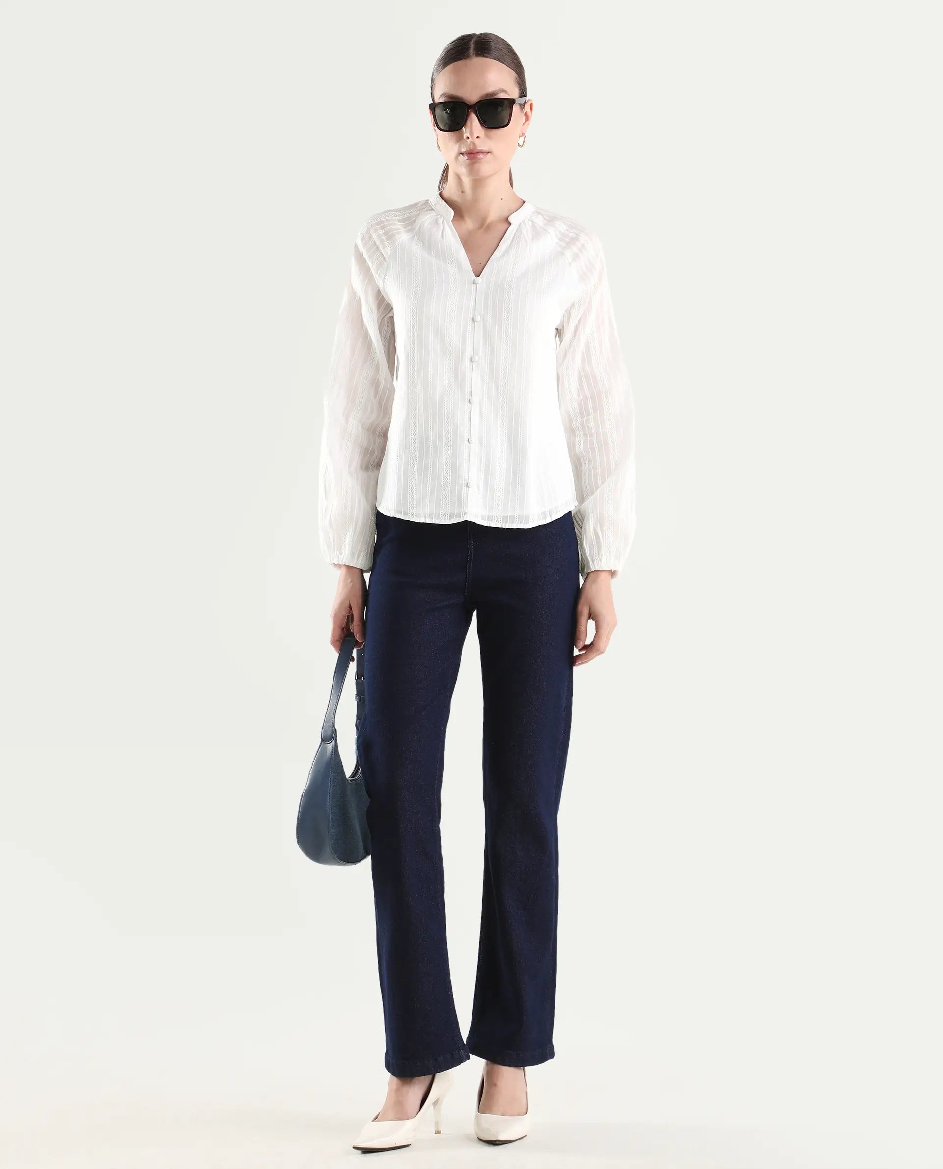 Rareism Women's Cava White Cotton Full Sleeve Regular Fit Plain Top