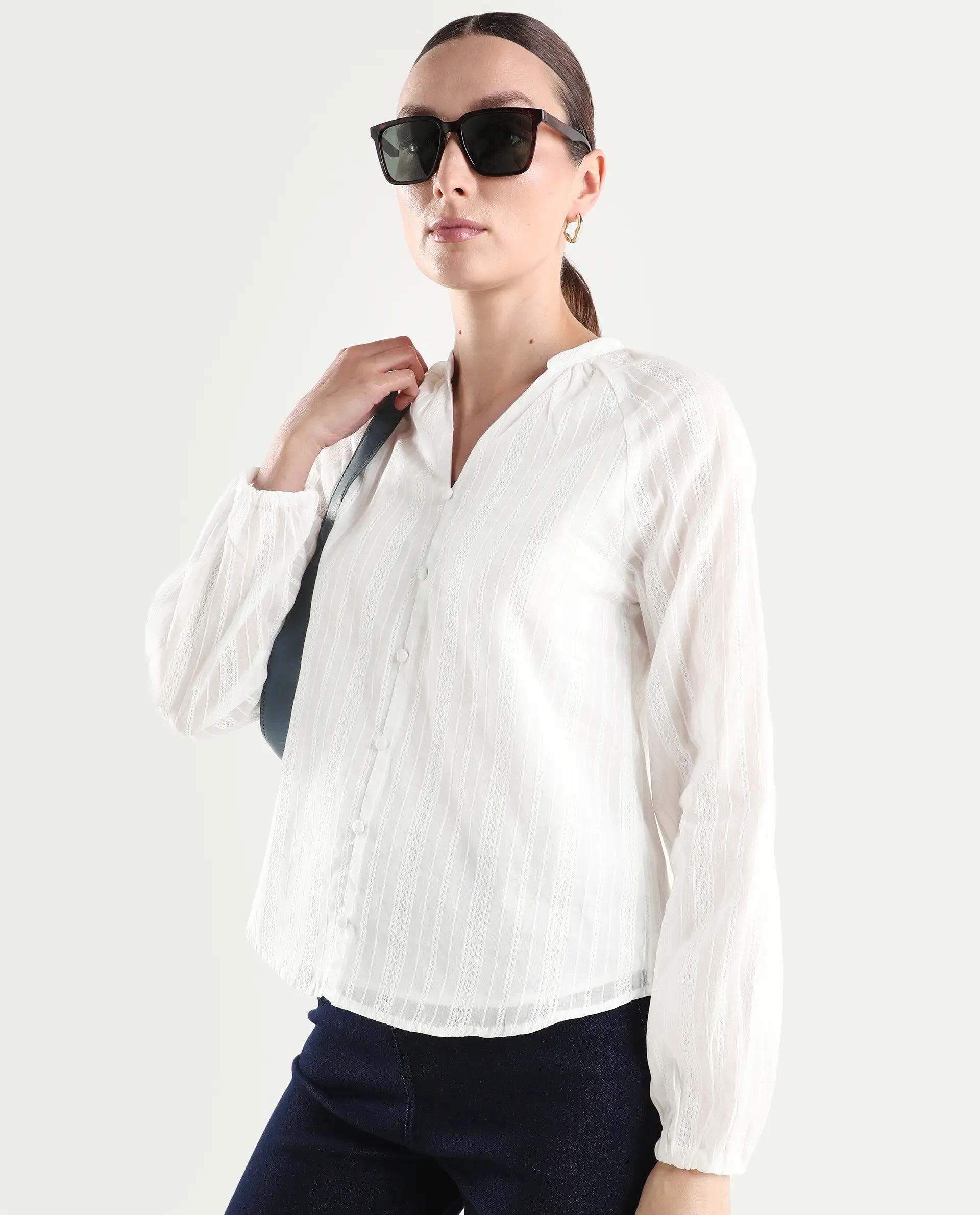 Rareism Women's Cava White Cotton Full Sleeve Regular Fit Plain Top