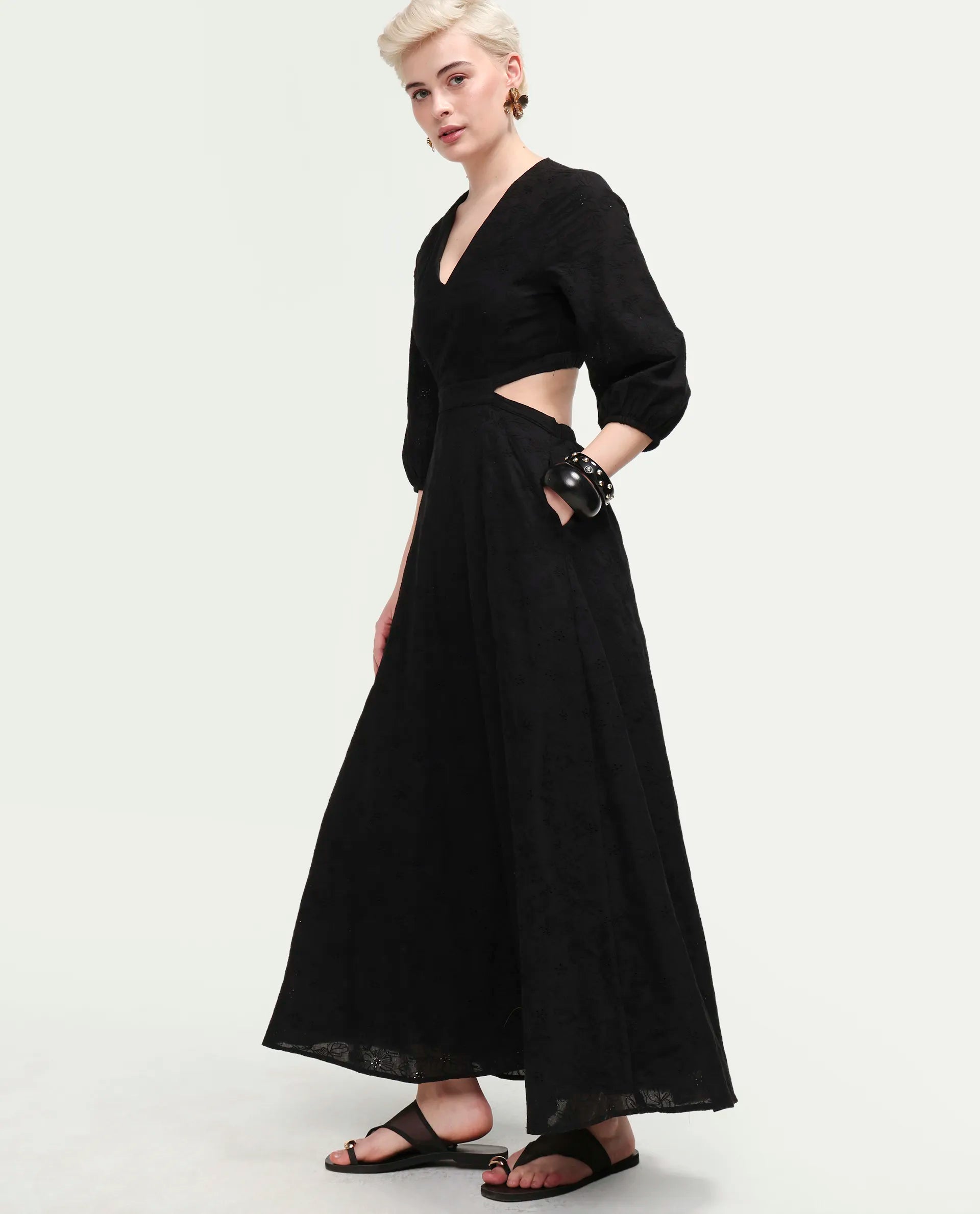 Rareism Women's Cazie Black Cotton 3/4Th Sleeve Fit And Flare Plain Dress