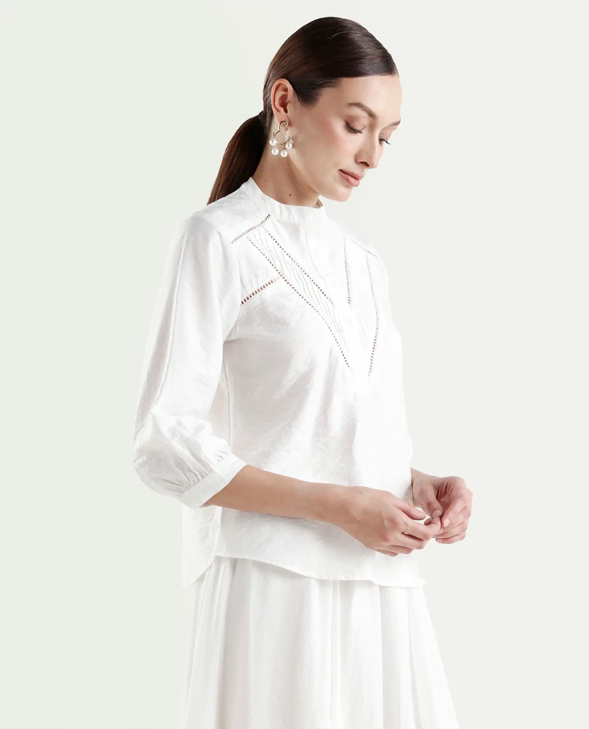 Rareism Women's Ceya White Viscose Blend 3/4th Sleeve Regular Fit Plain Top