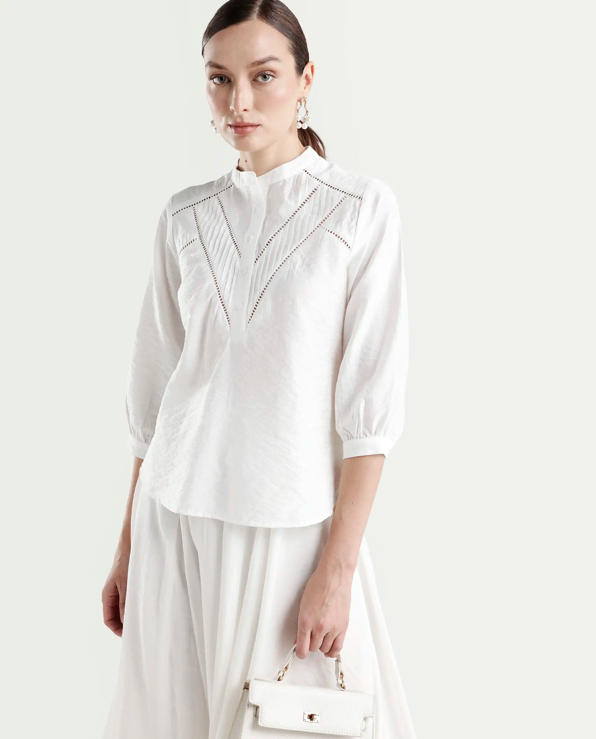 Rareism Women's Ceya White Viscose Blend 3/4th Sleeve Regular Fit Plain Top