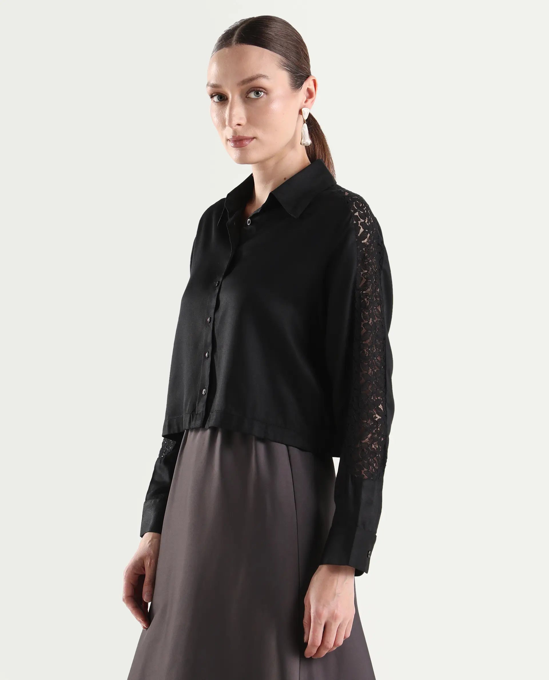 Rareism Women's Cici Black Viscose Full Sleeve Boxy Plain Shirt