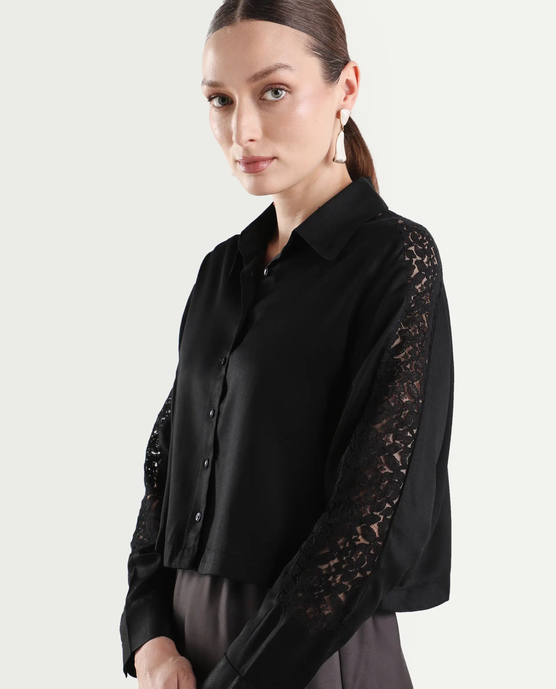 Rareism Women's Cici Black Viscose Full Sleeve Boxy Plain Shirt
