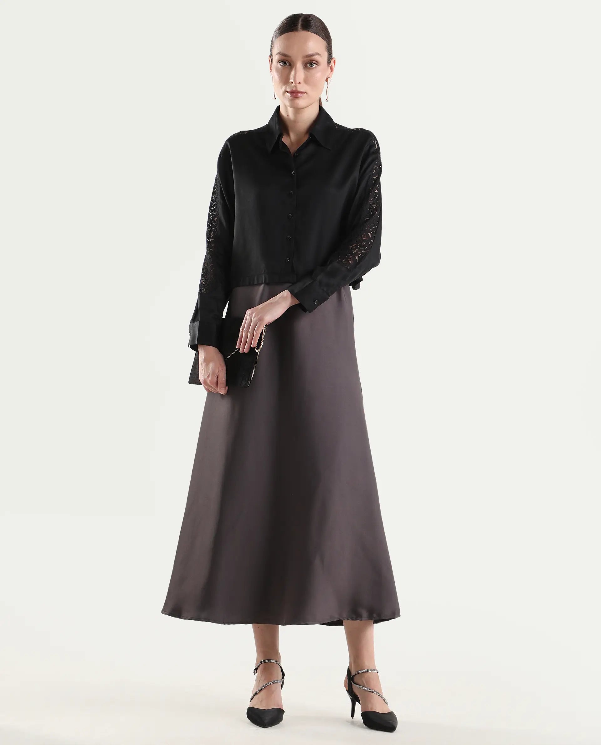 Rareism Women's Cici Black Viscose Full Sleeve Boxy Plain Shirt