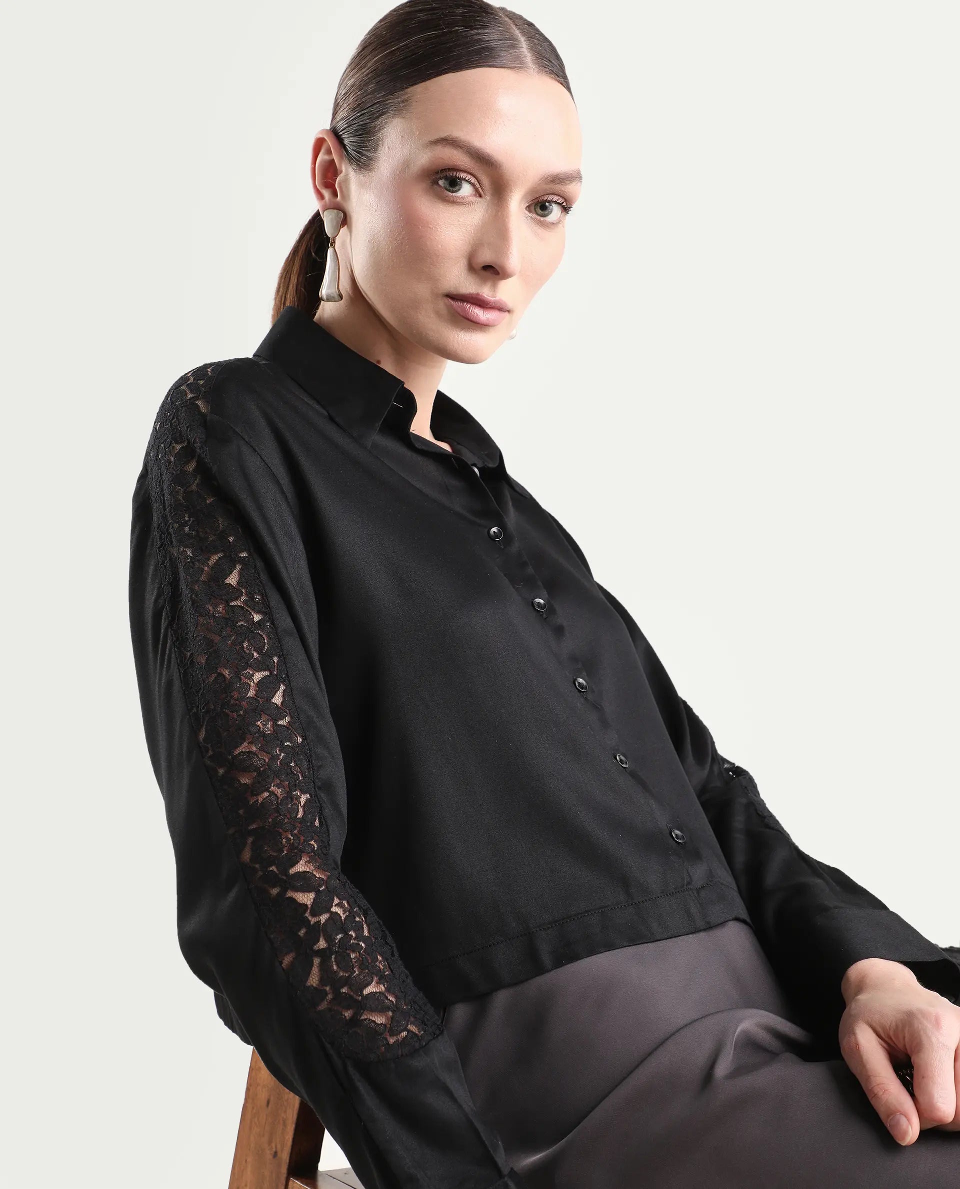 Rareism Women's Cici Black Viscose Full Sleeve Boxy Plain Shirt