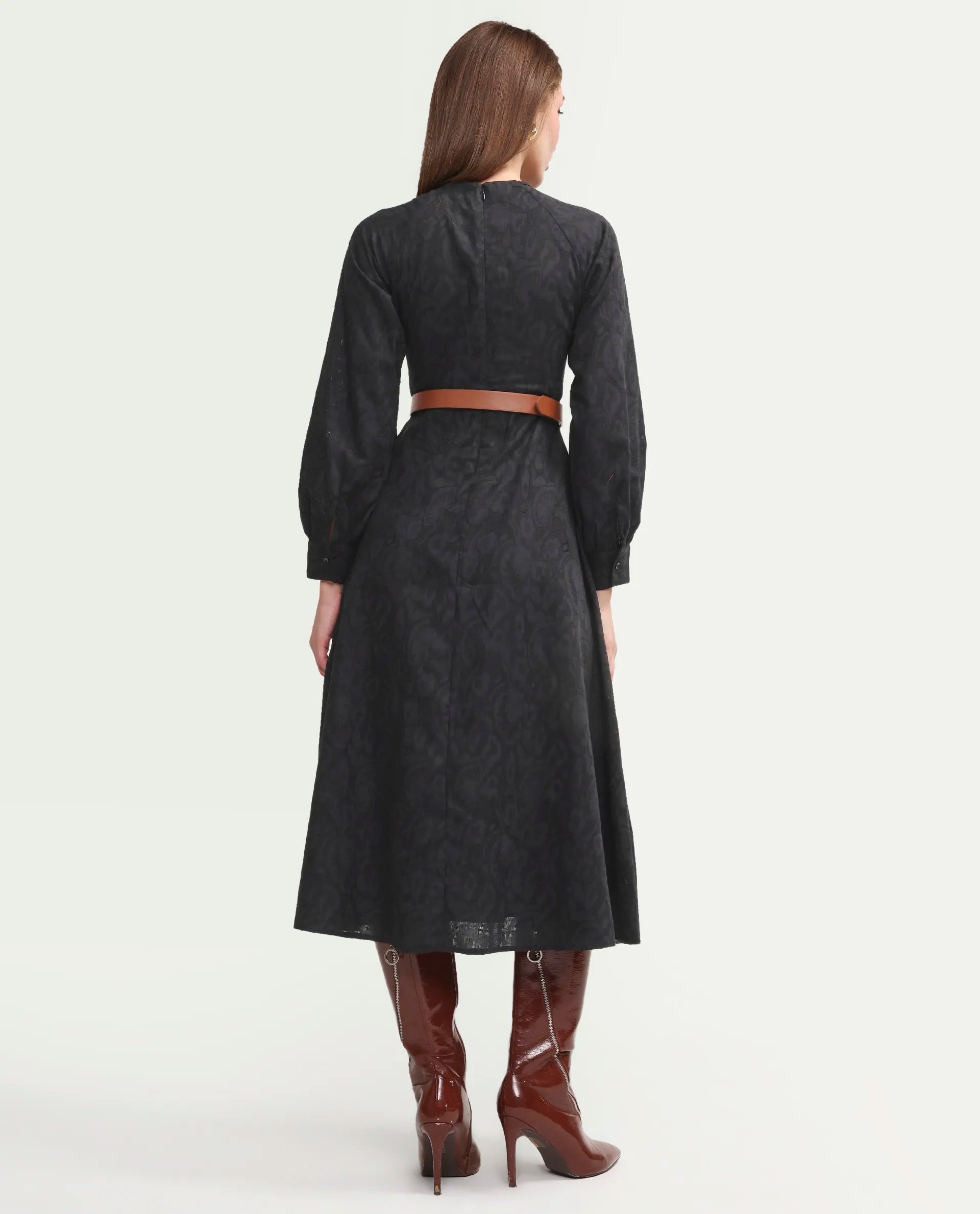 Rareism Women's Cinda Black Cotton Full Sleeve Flared Jacquard Dress