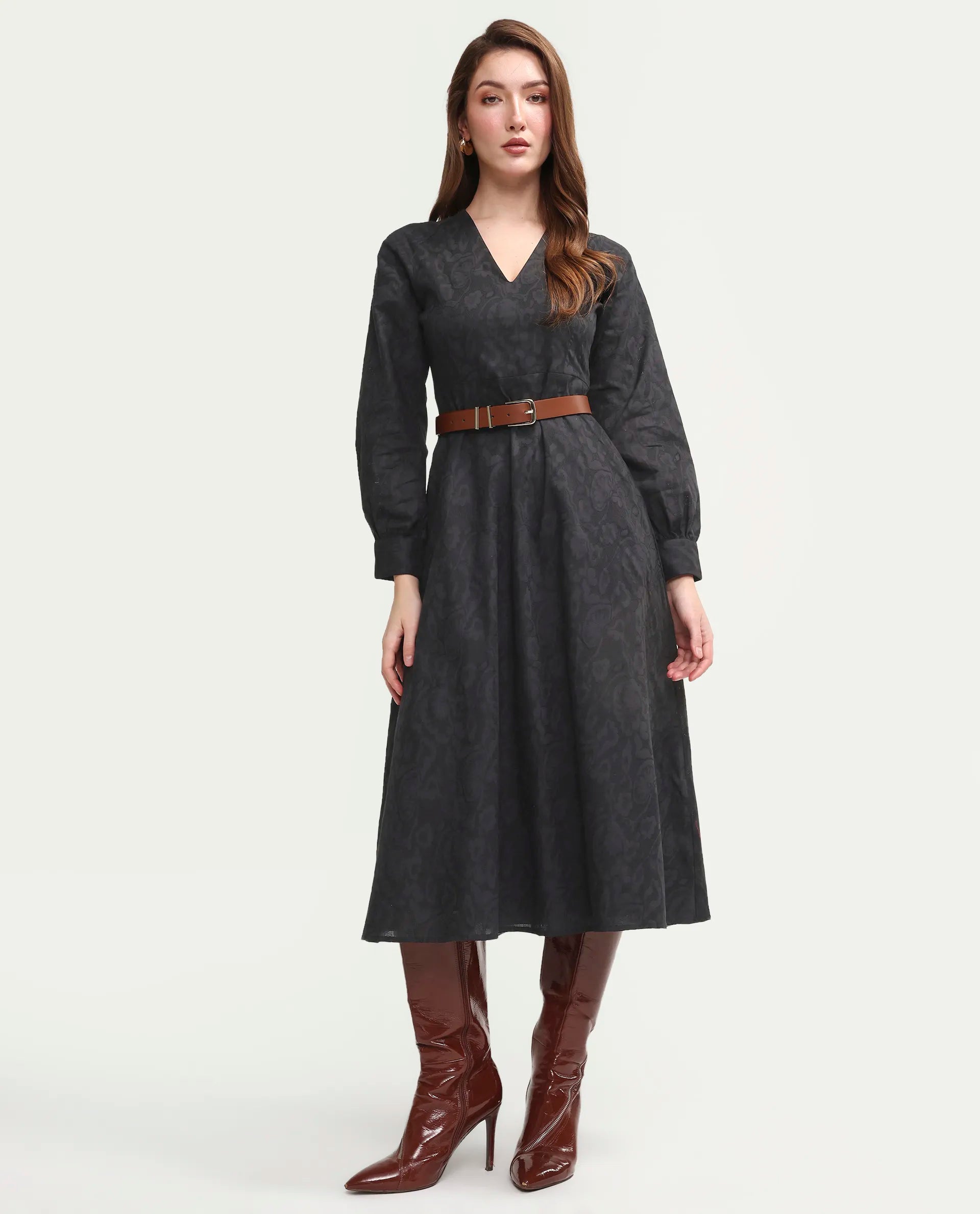 Rareism Women's Cinda Black Cotton Full Sleeve Flared Jacquard Dress