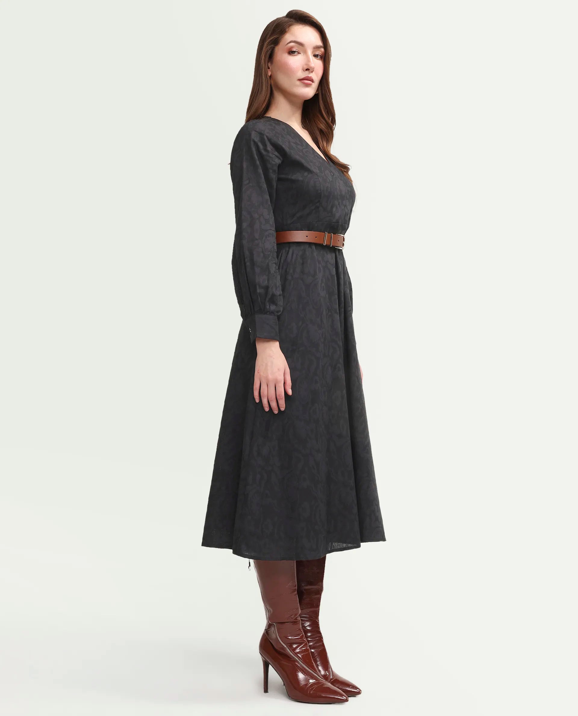 Rareism Women's Cinda Black Cotton Full Sleeve Flared Jacquard Dress