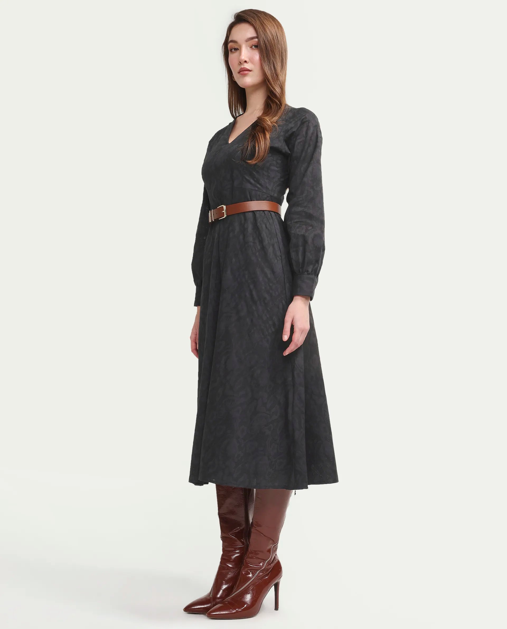 Rareism Women's Cinda Black Cotton Full Sleeve Flared Jacquard Dress