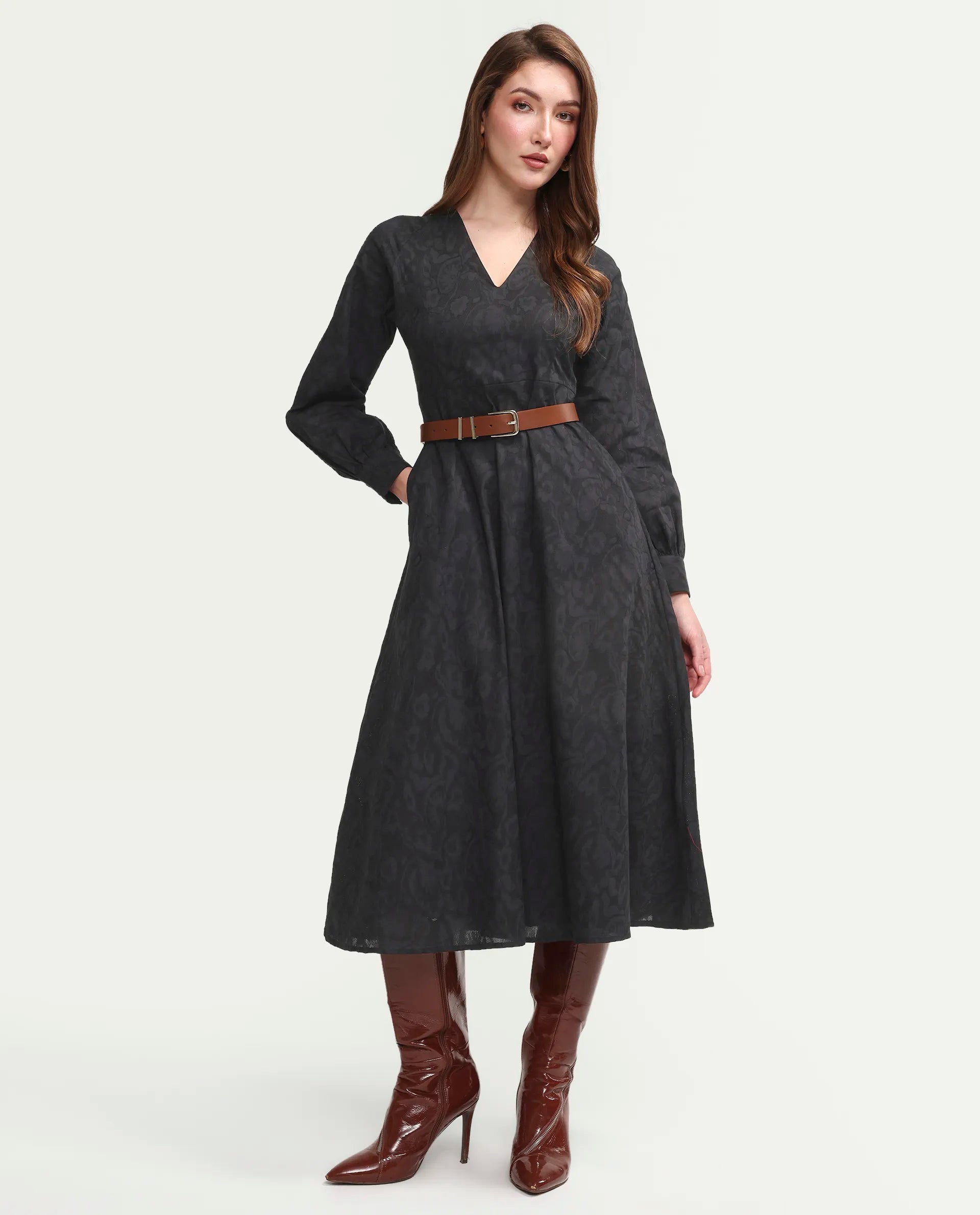 Rareism Women's Cinda Black Cotton Full Sleeve Flared Jacquard Dress