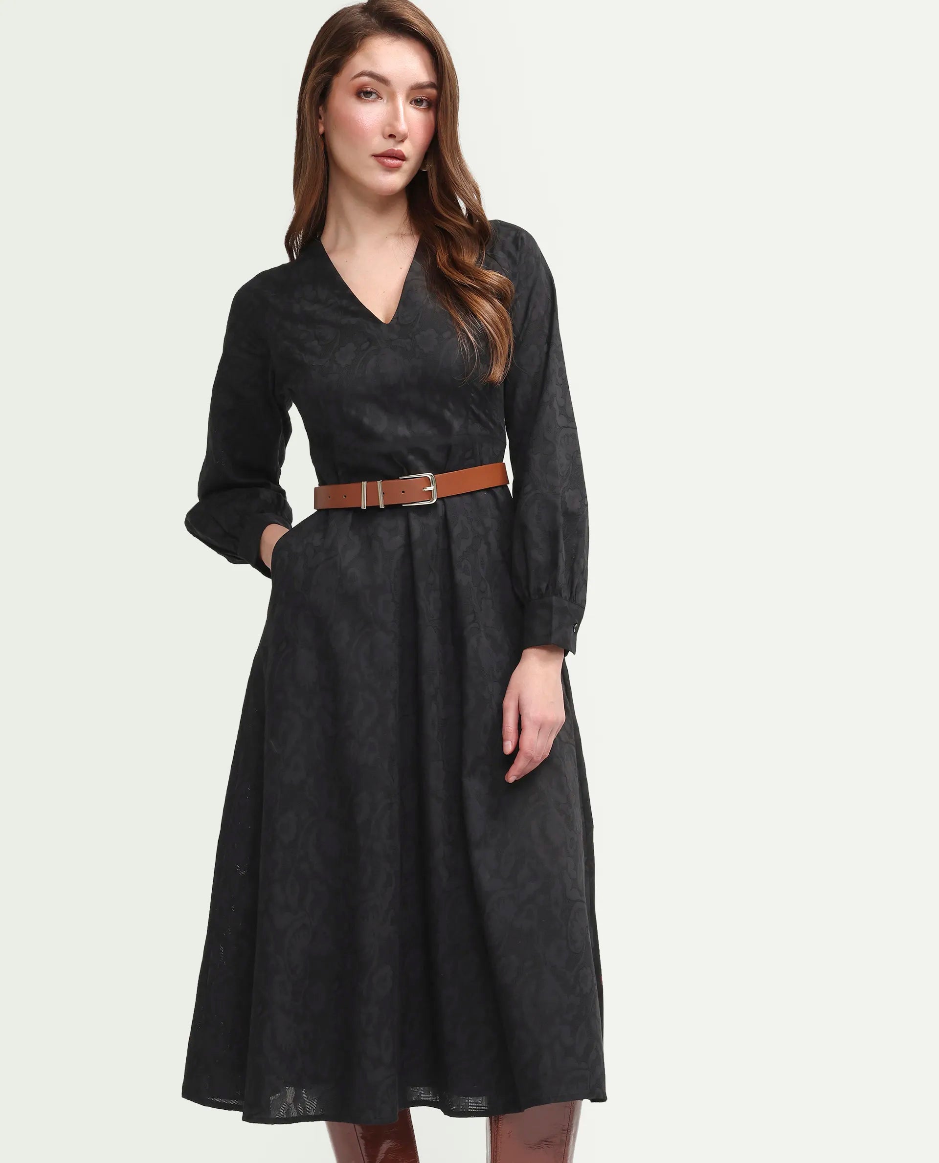 Rareism Women's Cinda Black Cotton Full Sleeve Flared Jacquard Dress