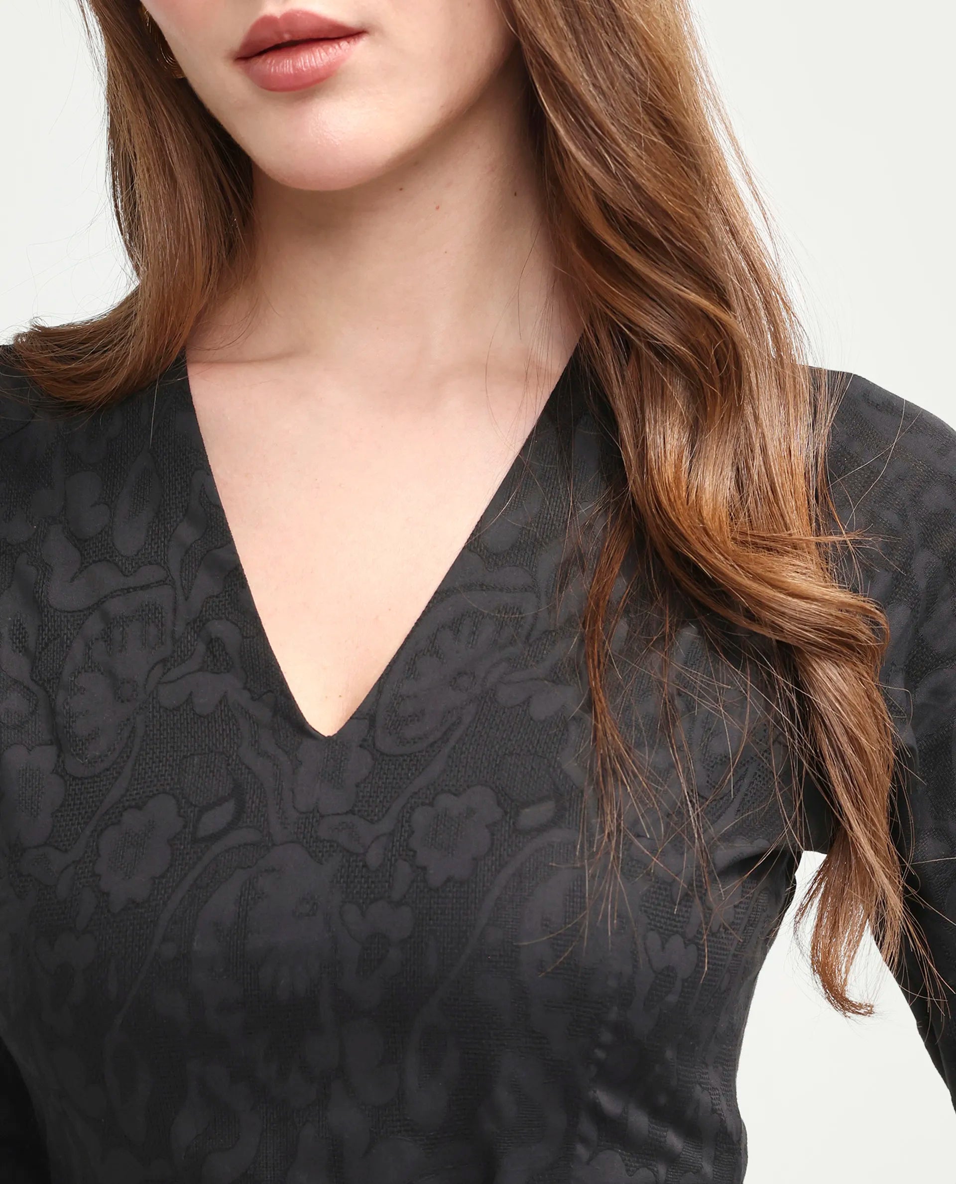 Rareism Women's Cinda Black Cotton Full Sleeve Flared Jacquard Dress