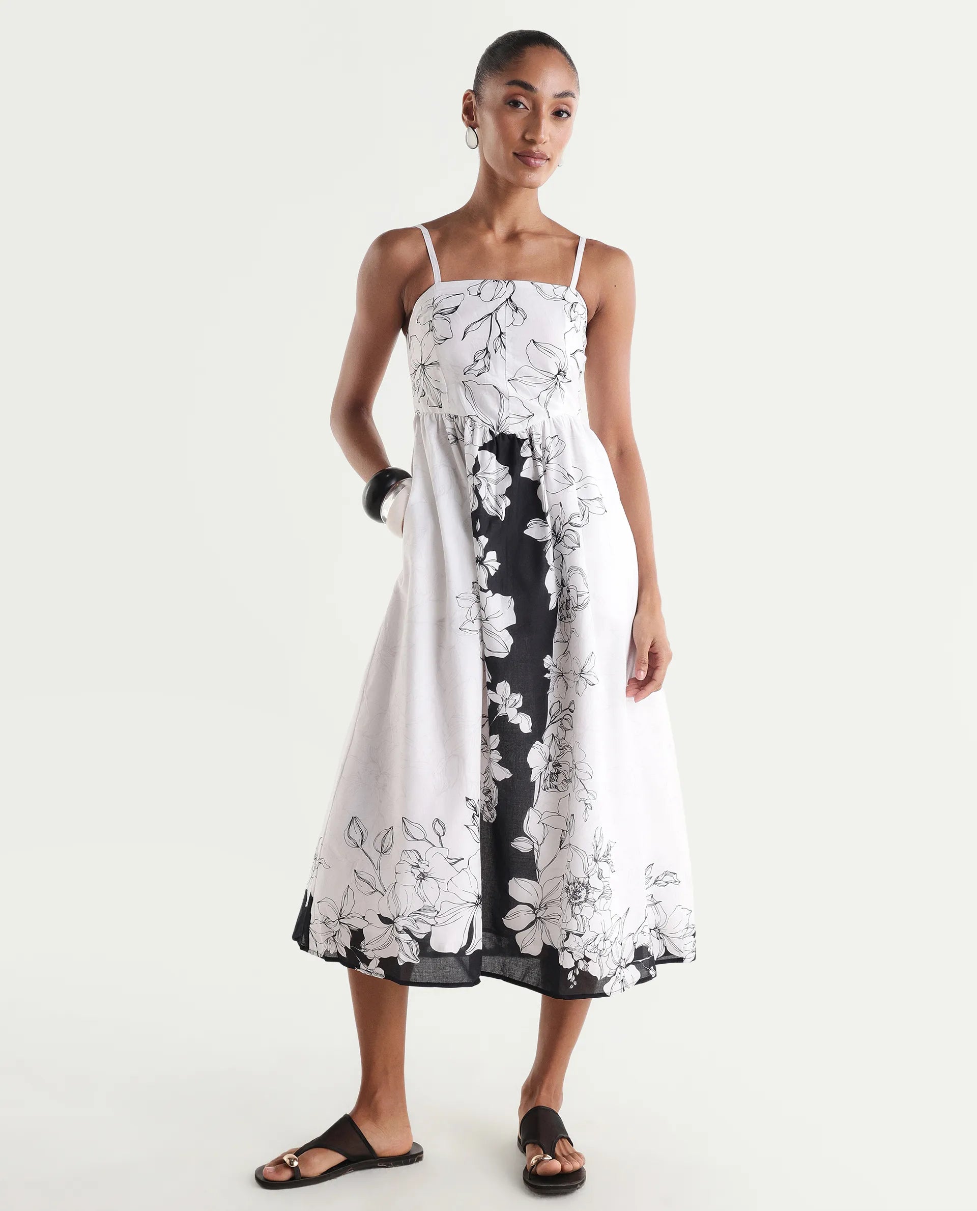 Rareism Women's Clara White Cotton Sleeveless Fit And Flare Floral Print Dress