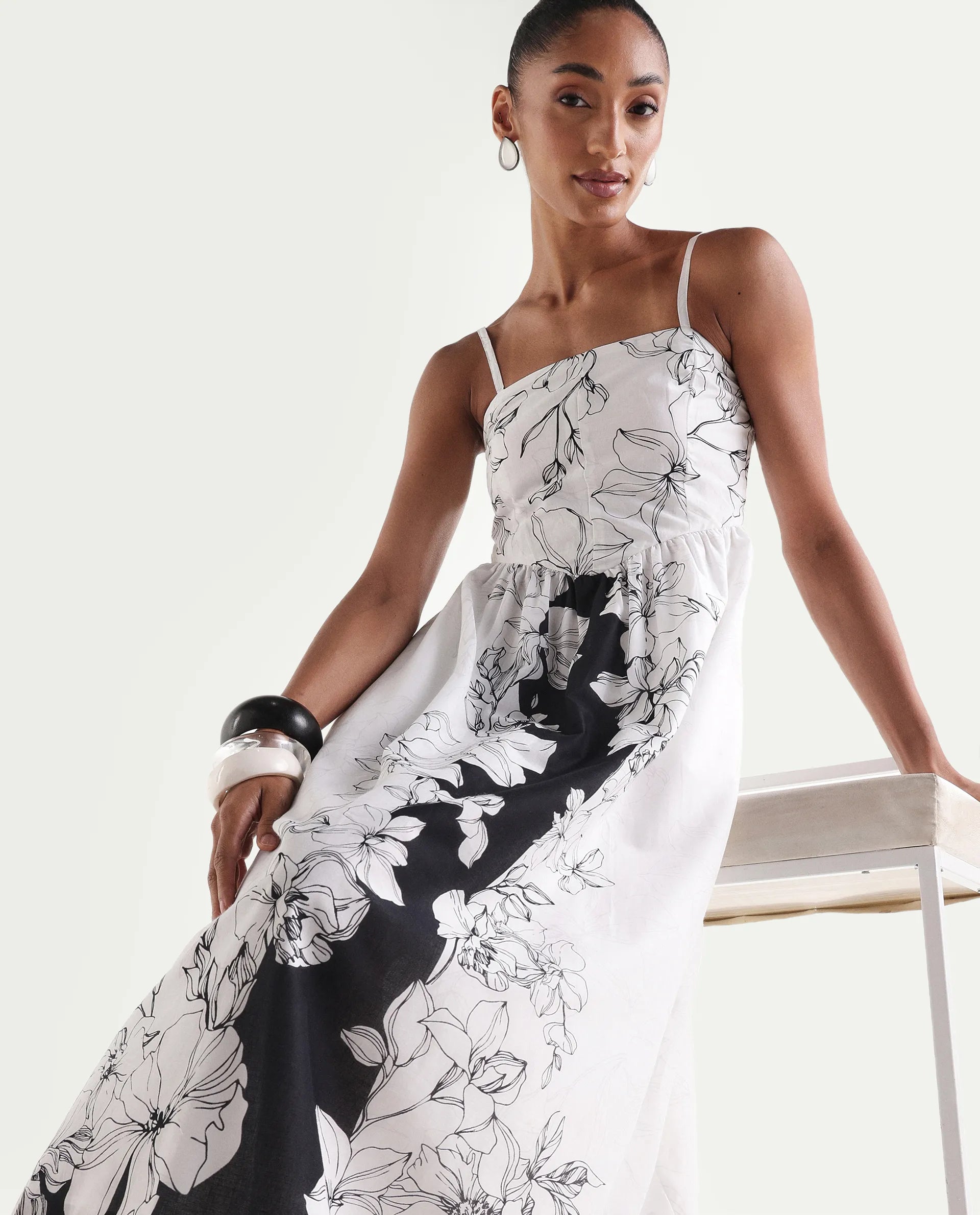 Rareism Women's Clara White Cotton Sleeveless Fit And Flare Floral Print Dress