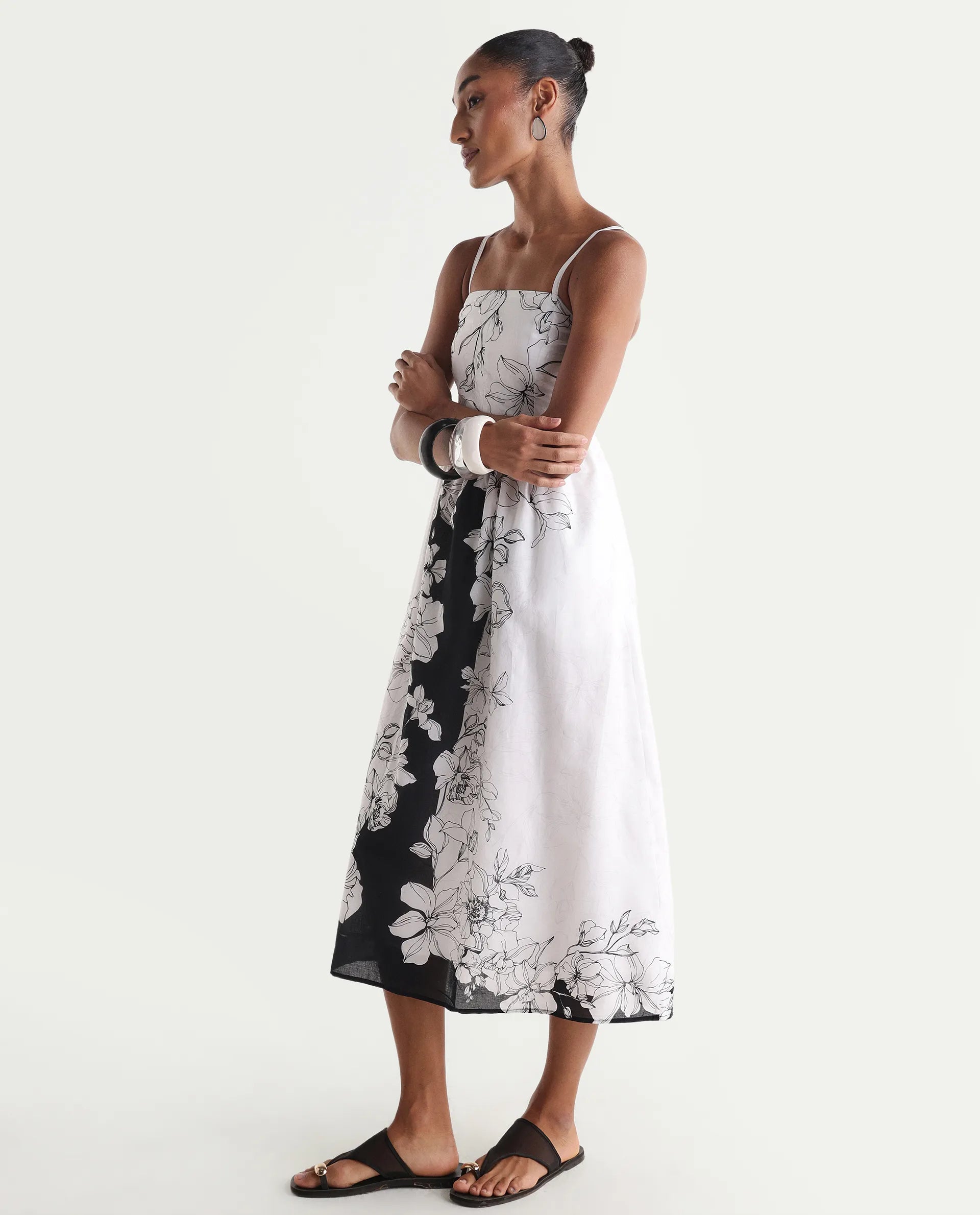 Rareism Women's Clara White Cotton Sleeveless Fit And Flare Floral Print Dress