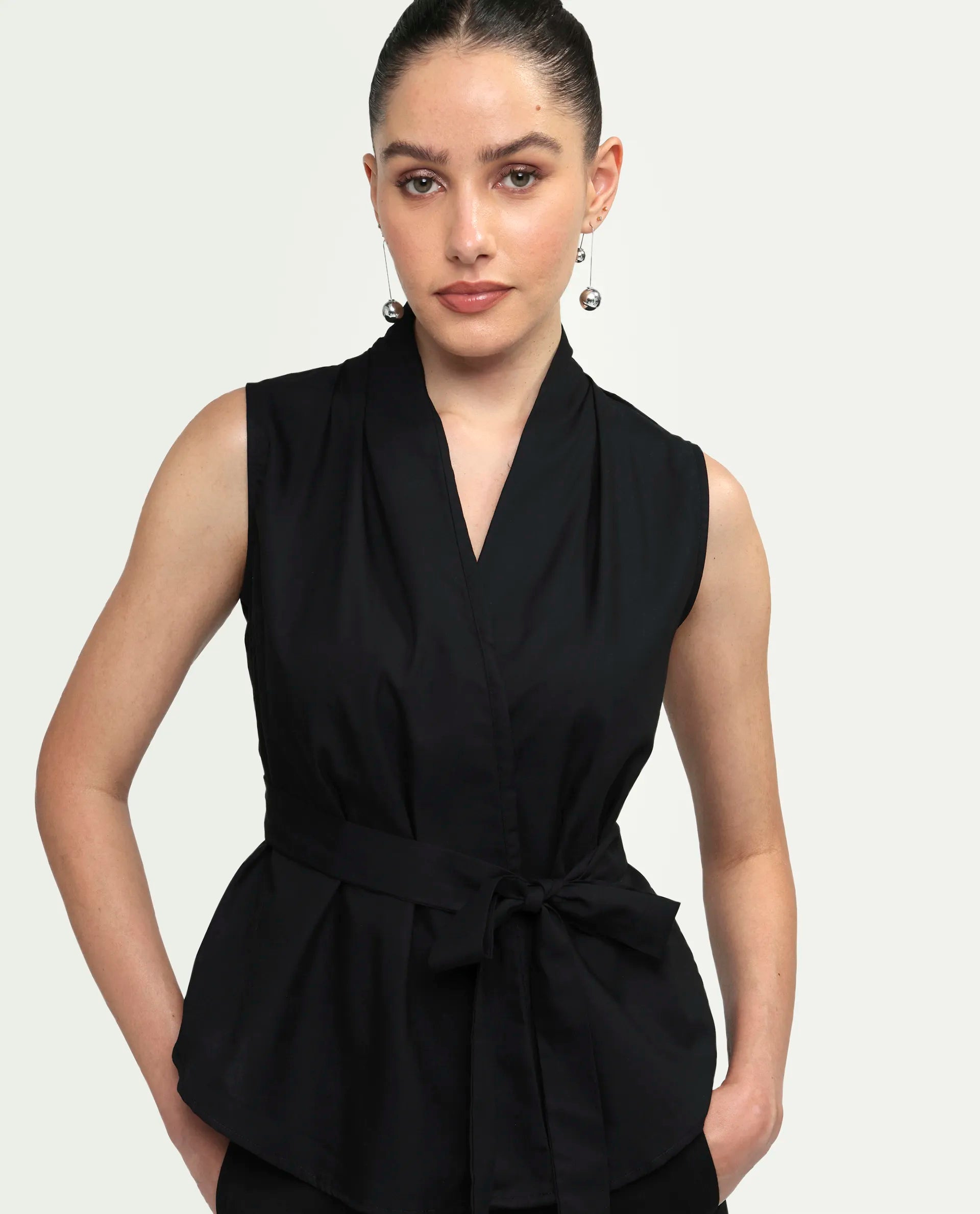 Rareism Women's Cyra Black Viscose Blend Sleeveless Regular Fit Plain Top