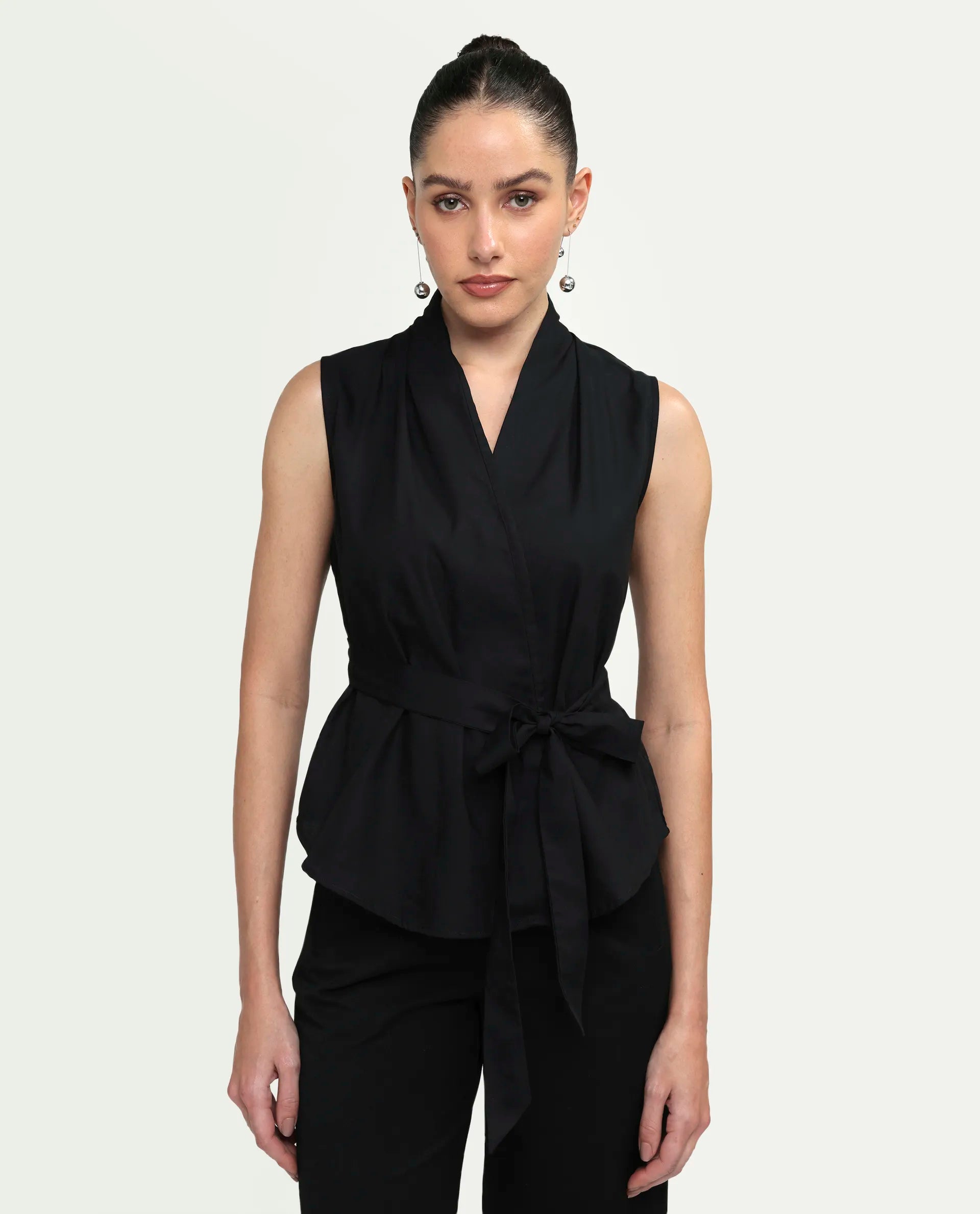 Rareism Women's Cyra Black Viscose Blend Sleeveless Regular Fit Plain Top