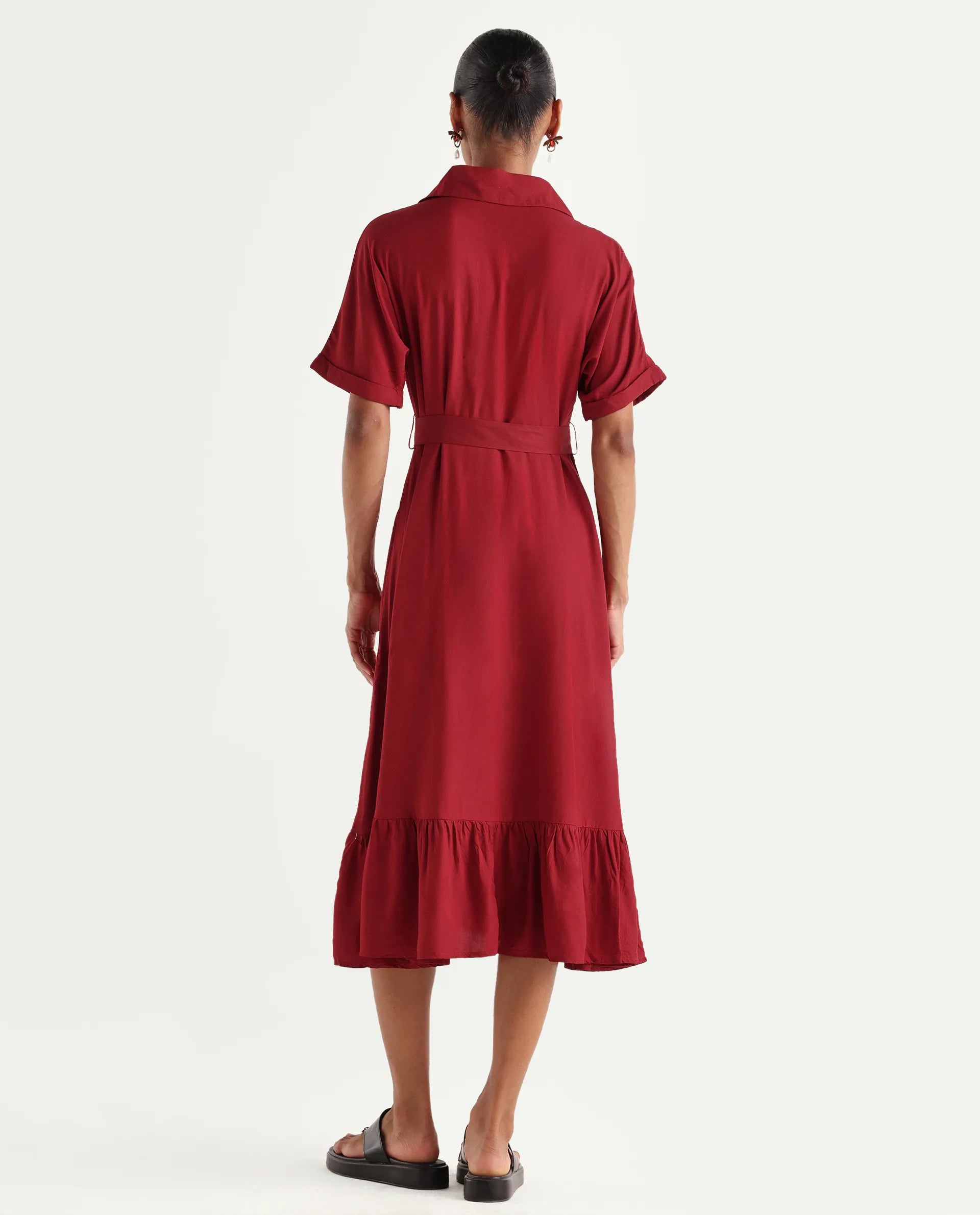 Rareism Women's Elate Red Viscose Half Sleeve A-Line Plain Dress