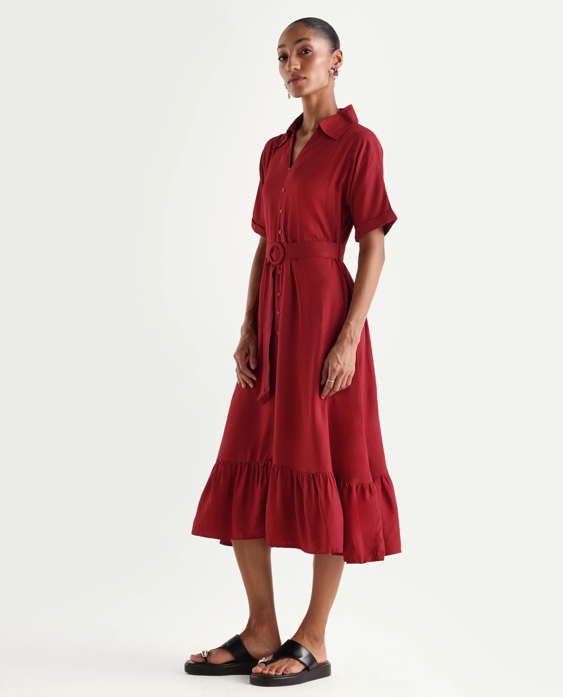 Rareism Women's Elate Red Viscose Half Sleeve A-Line Plain Dress