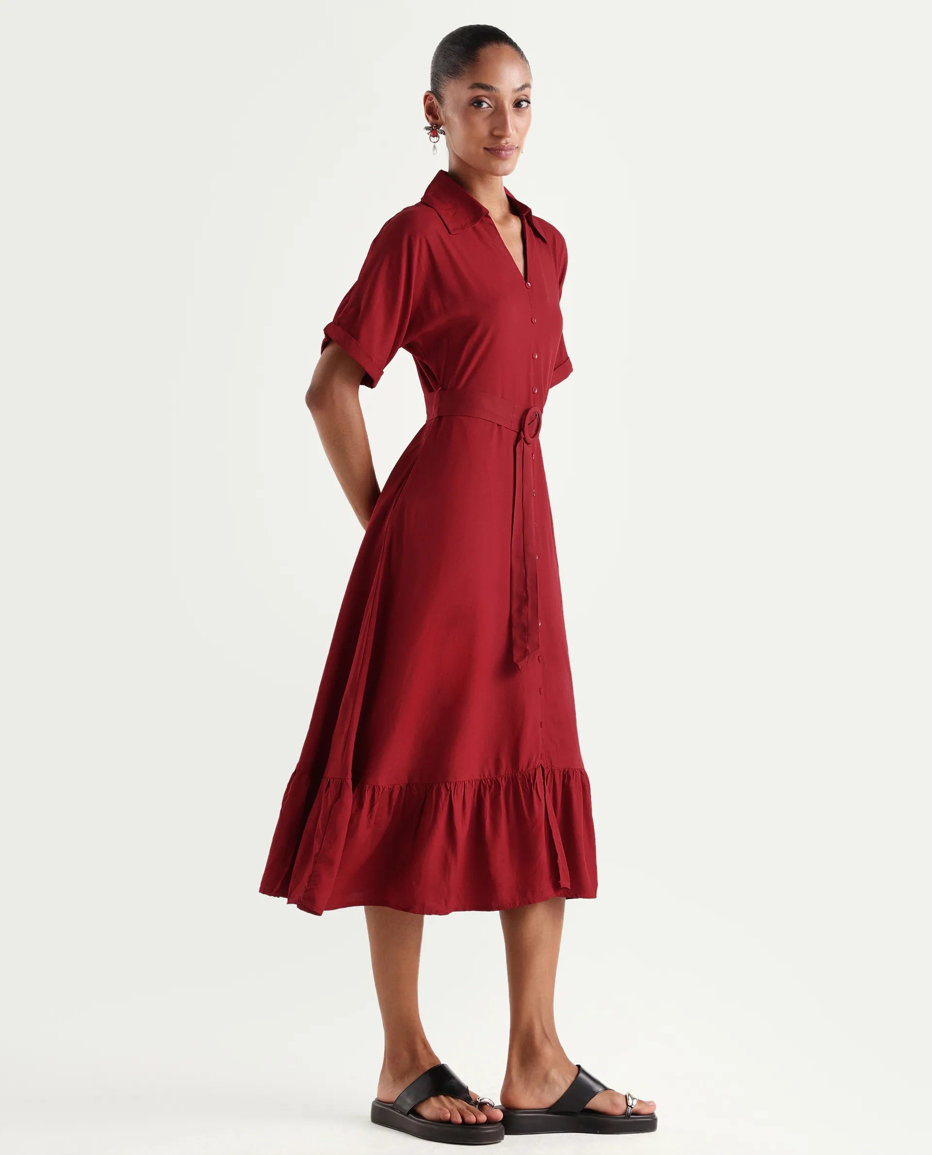 Rareism Women's Elate Red Viscose Half Sleeve A-Line Plain Dress