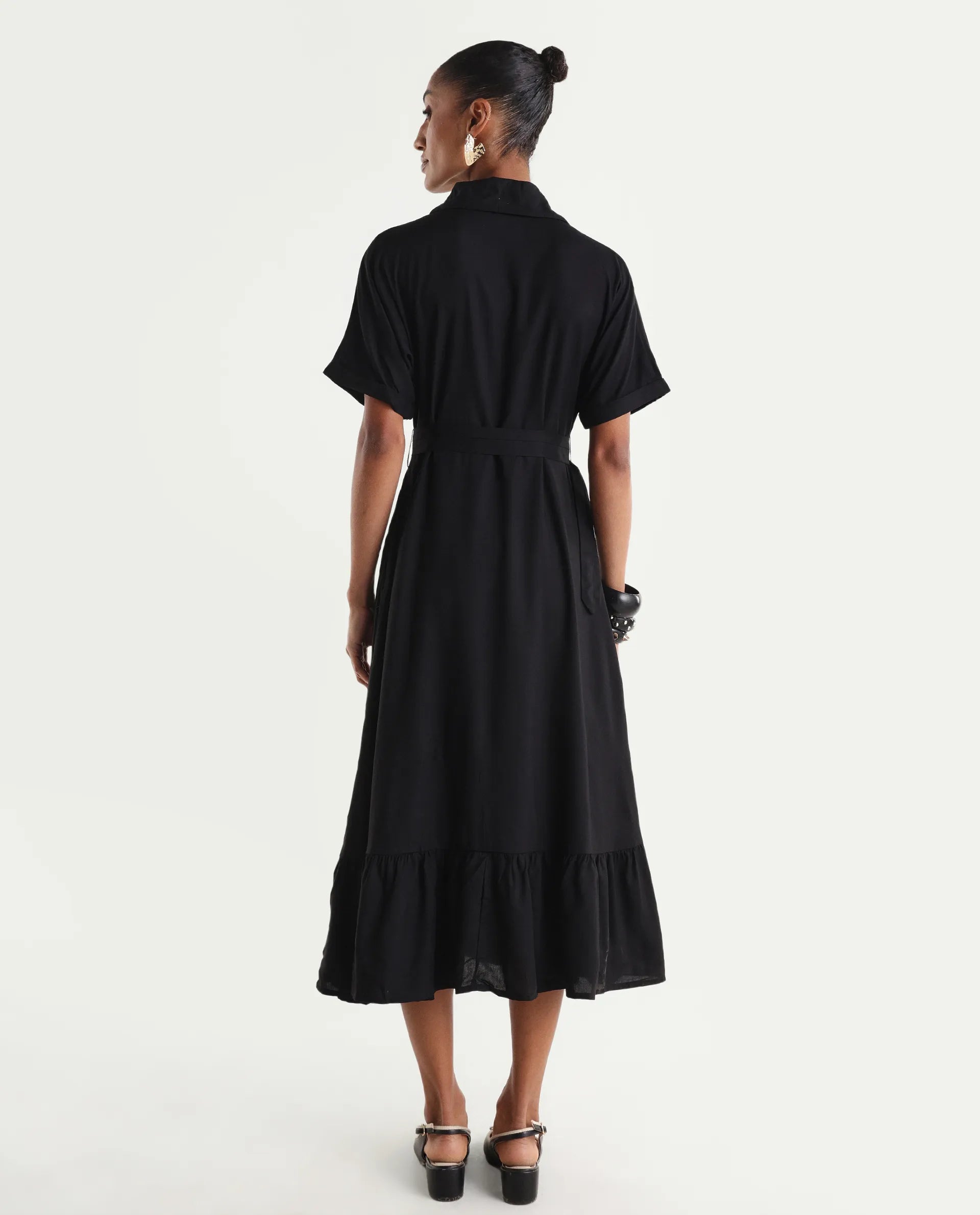 Rareism Women's Elate Black Viscose Half Sleeve A-Line Plain Dress