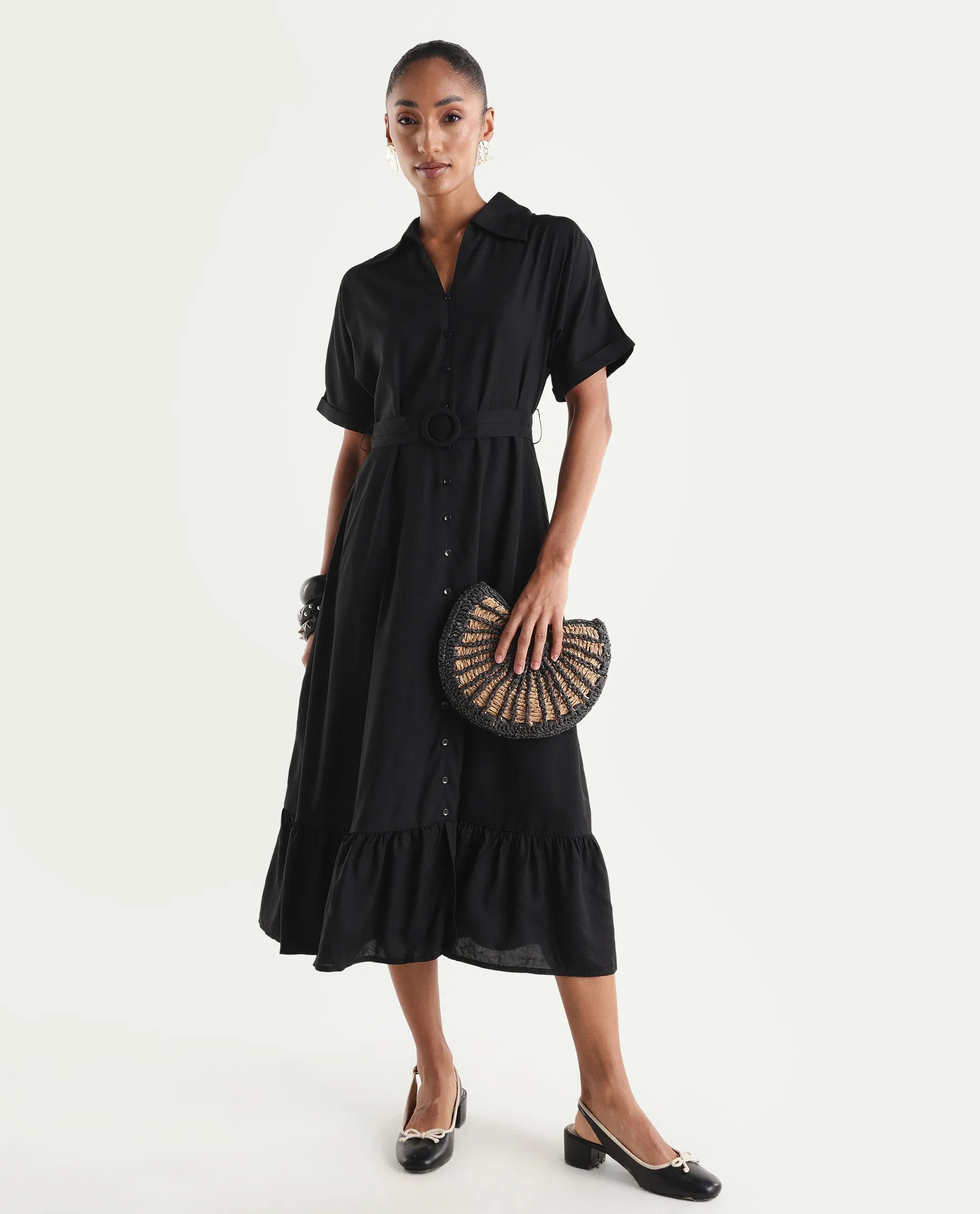 Rareism Women's Elate Black Viscose Half Sleeve A-Line Plain Dress