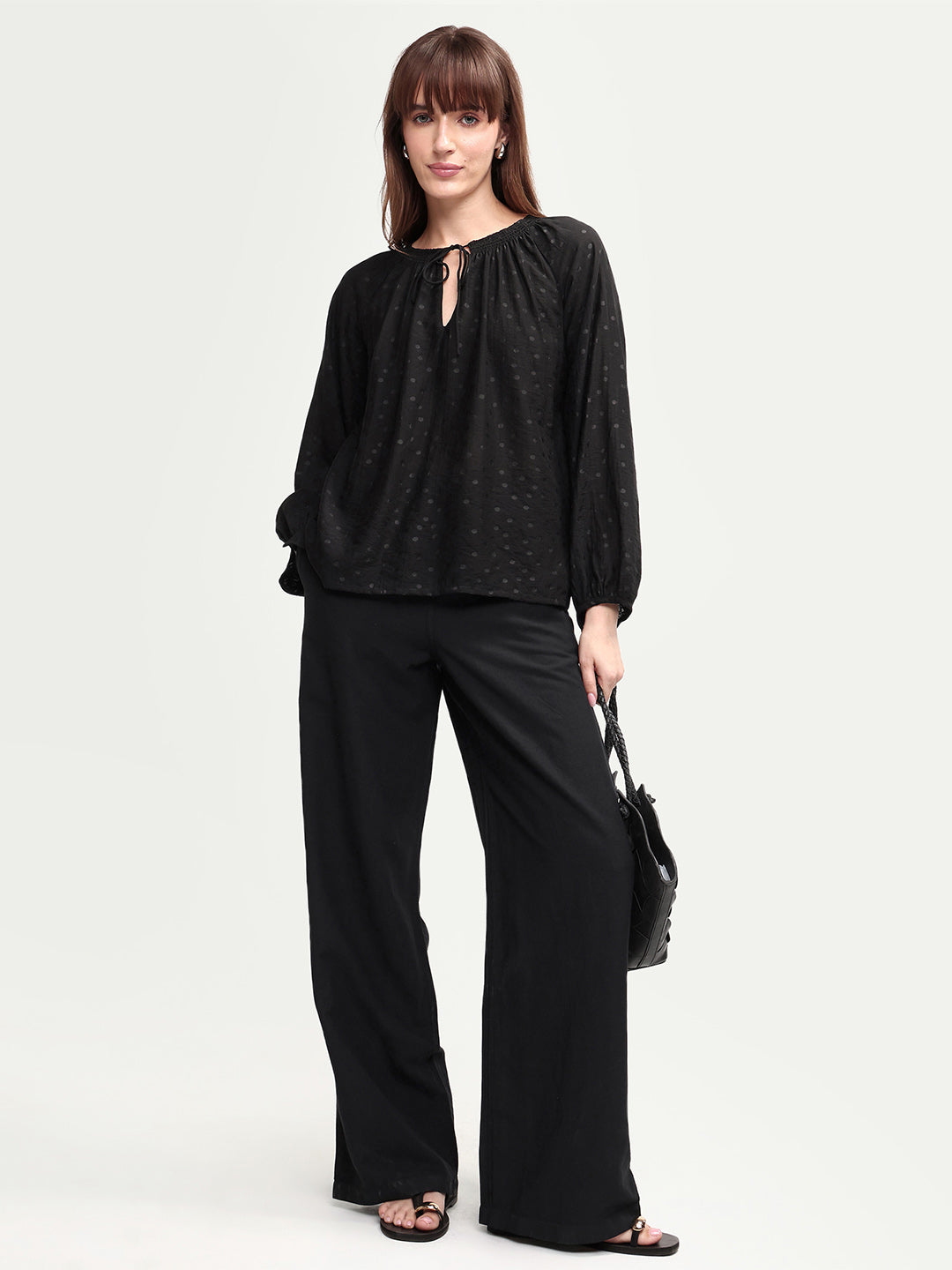 Rareism Women's Uniq Light Black Linen Blend Straight Plain Trouser