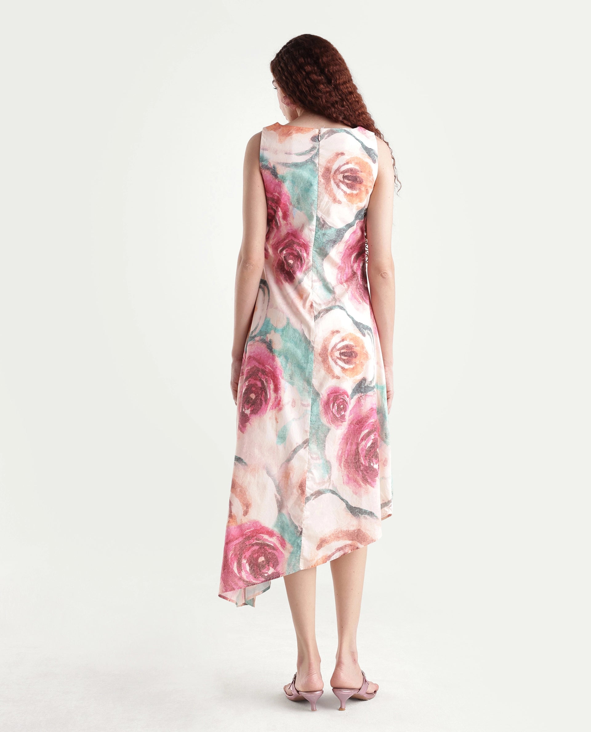 Rareism Women's Cirina Multi Boat Neck A-Line Printed Midi Dress