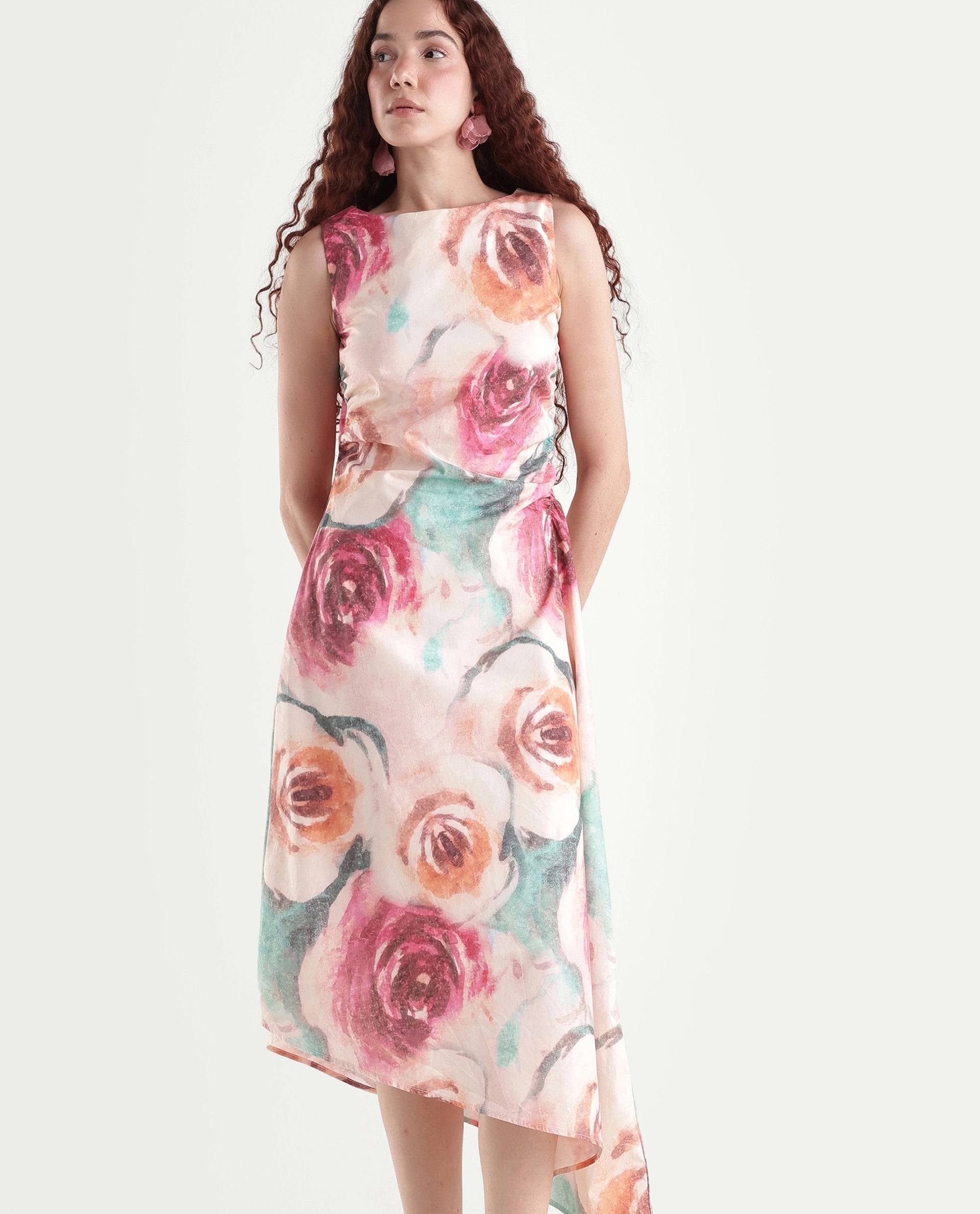 Rareism Women's Cirina Multi Boat Neck A-Line Printed Midi Dress