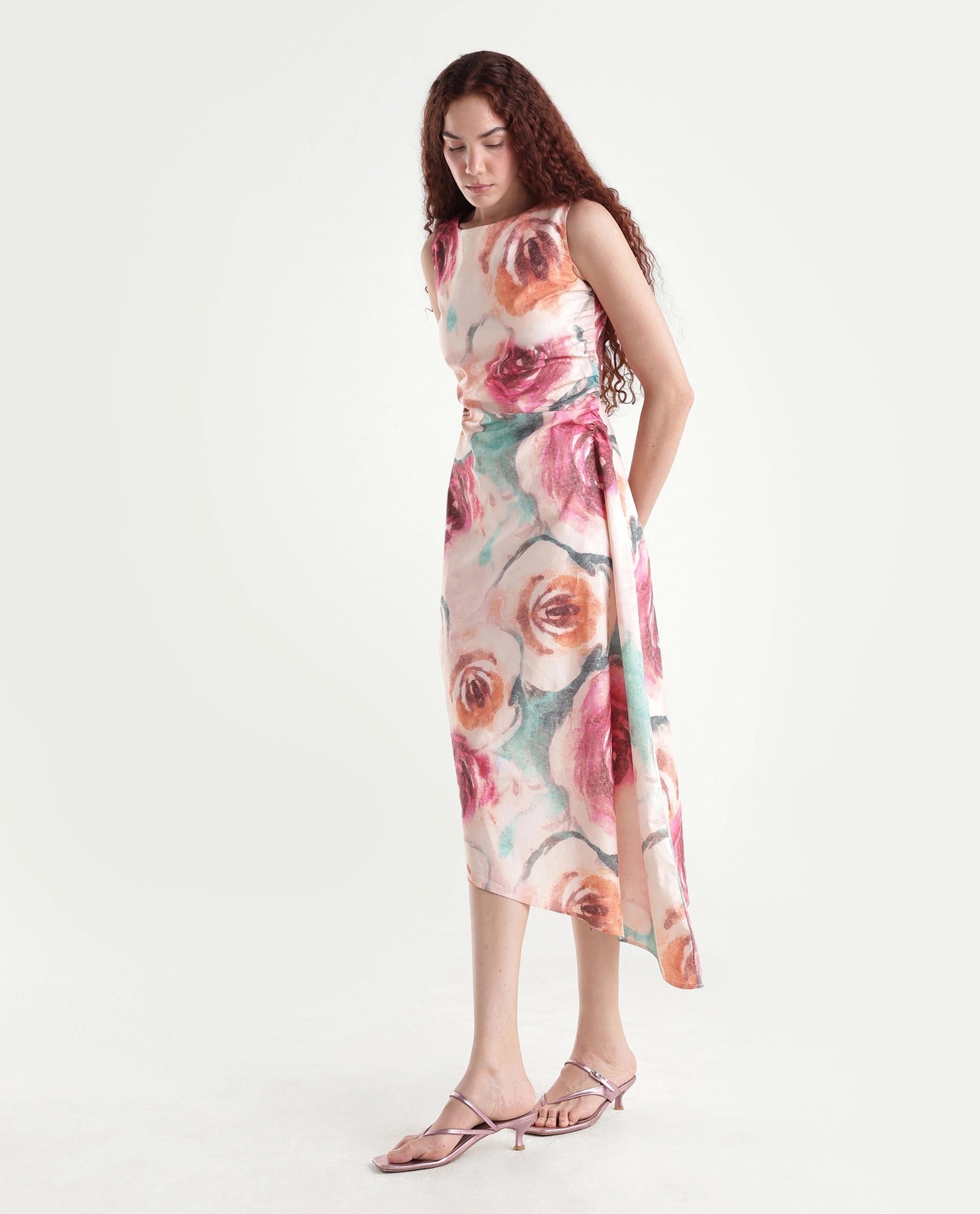 Rareism Women's Cirina Multi Boat Neck A-Line Printed Midi Dress