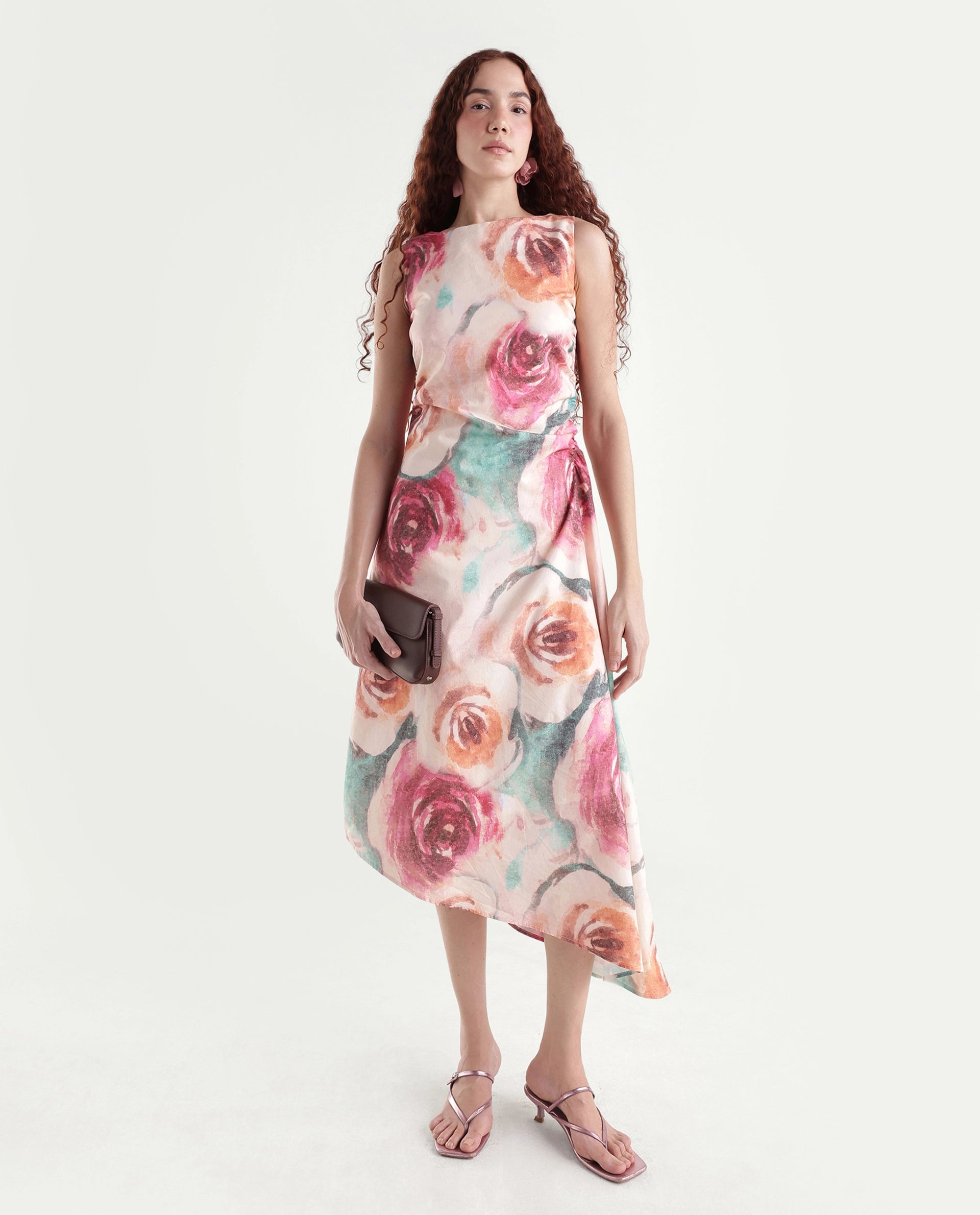 Rareism Women's Cirina Multi Boat Neck A-Line Printed Midi Dress