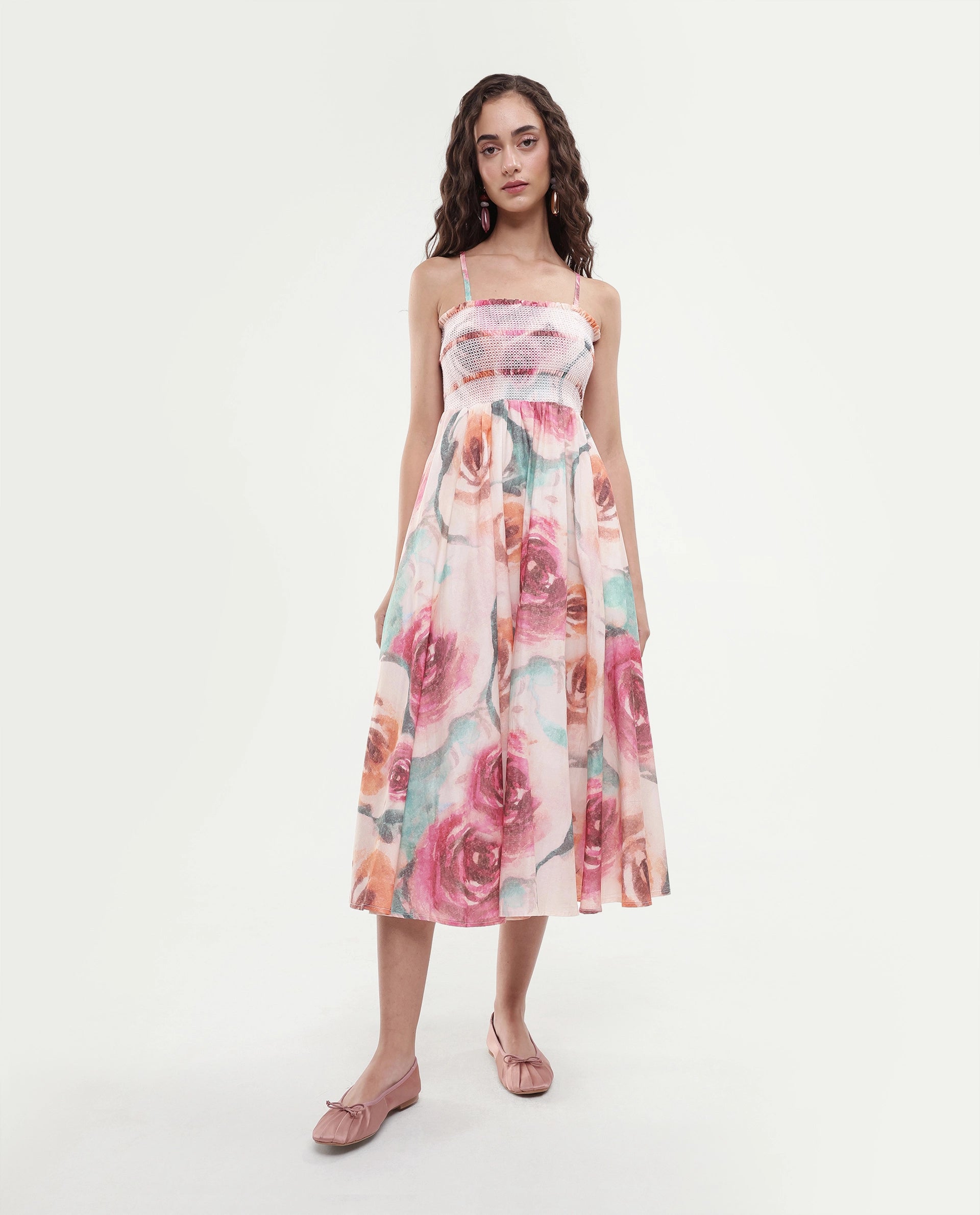 Rareism Women's Cirius Multi Tube Neck Fit And Flare Printed Midi Dress