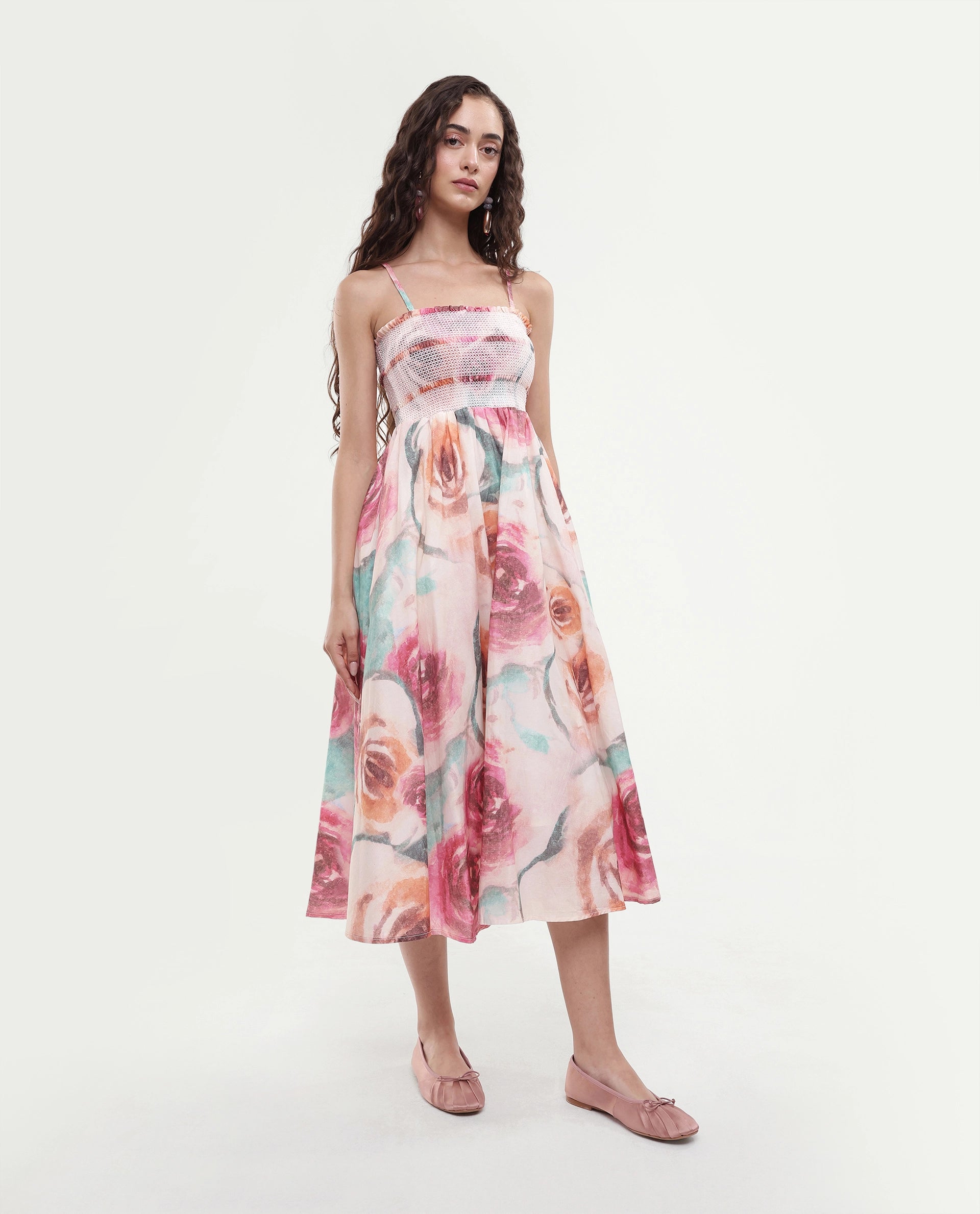 Rareism Women's Cirius Multi Tube Neck Fit And Flare Printed Midi Dress