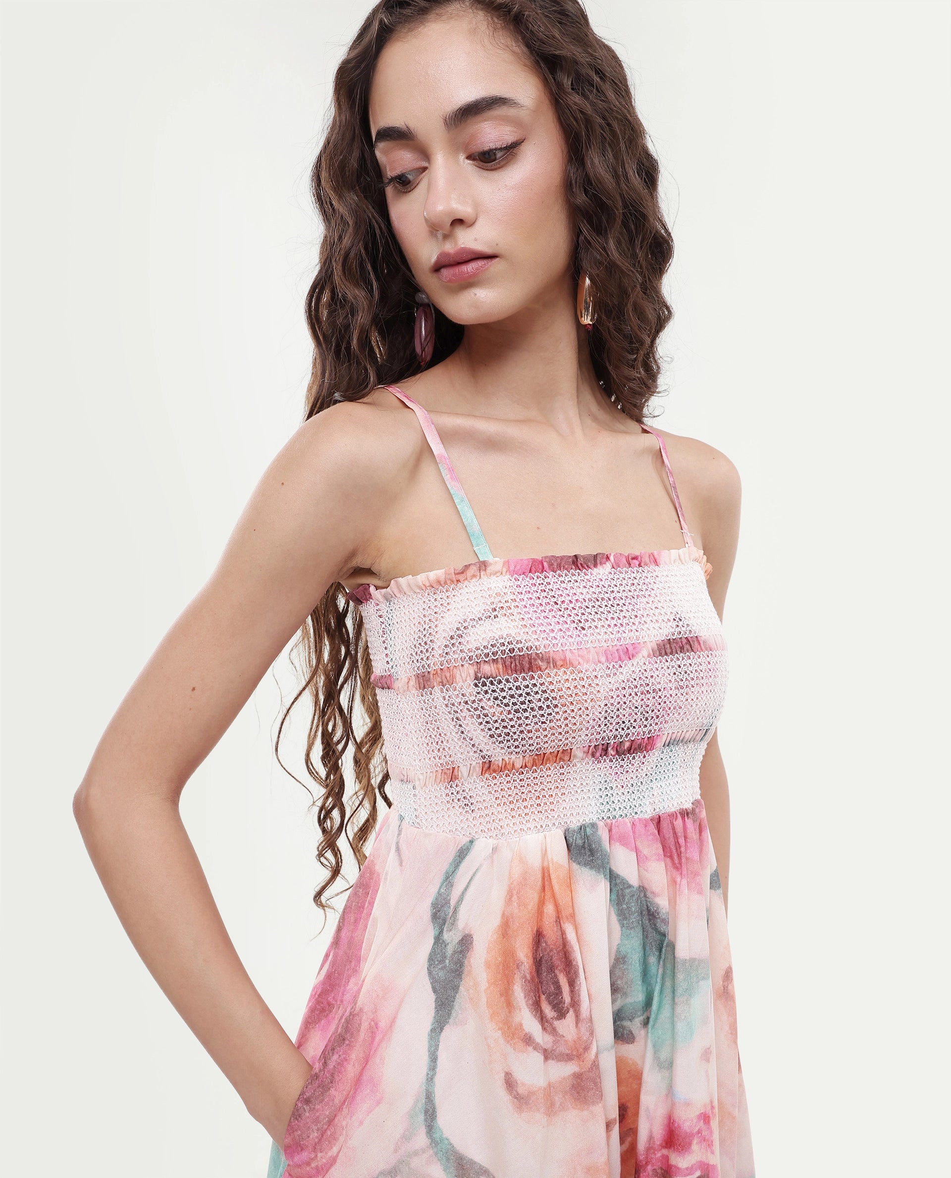 Rareism Women's Cirius Multi Tube Neck Fit And Flare Printed Midi Dress