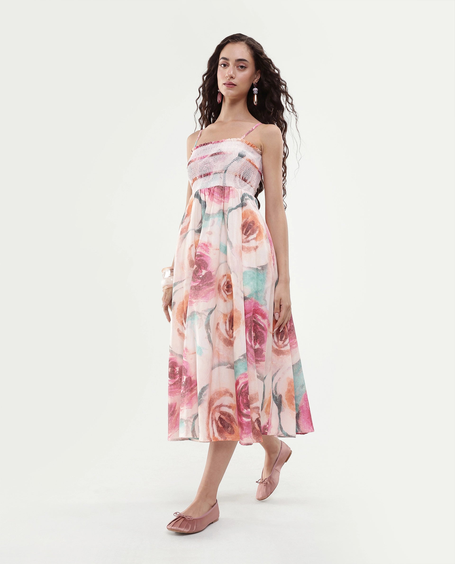 Rareism Women's Cirius Multi Tube Neck Fit And Flare Printed Midi Dress