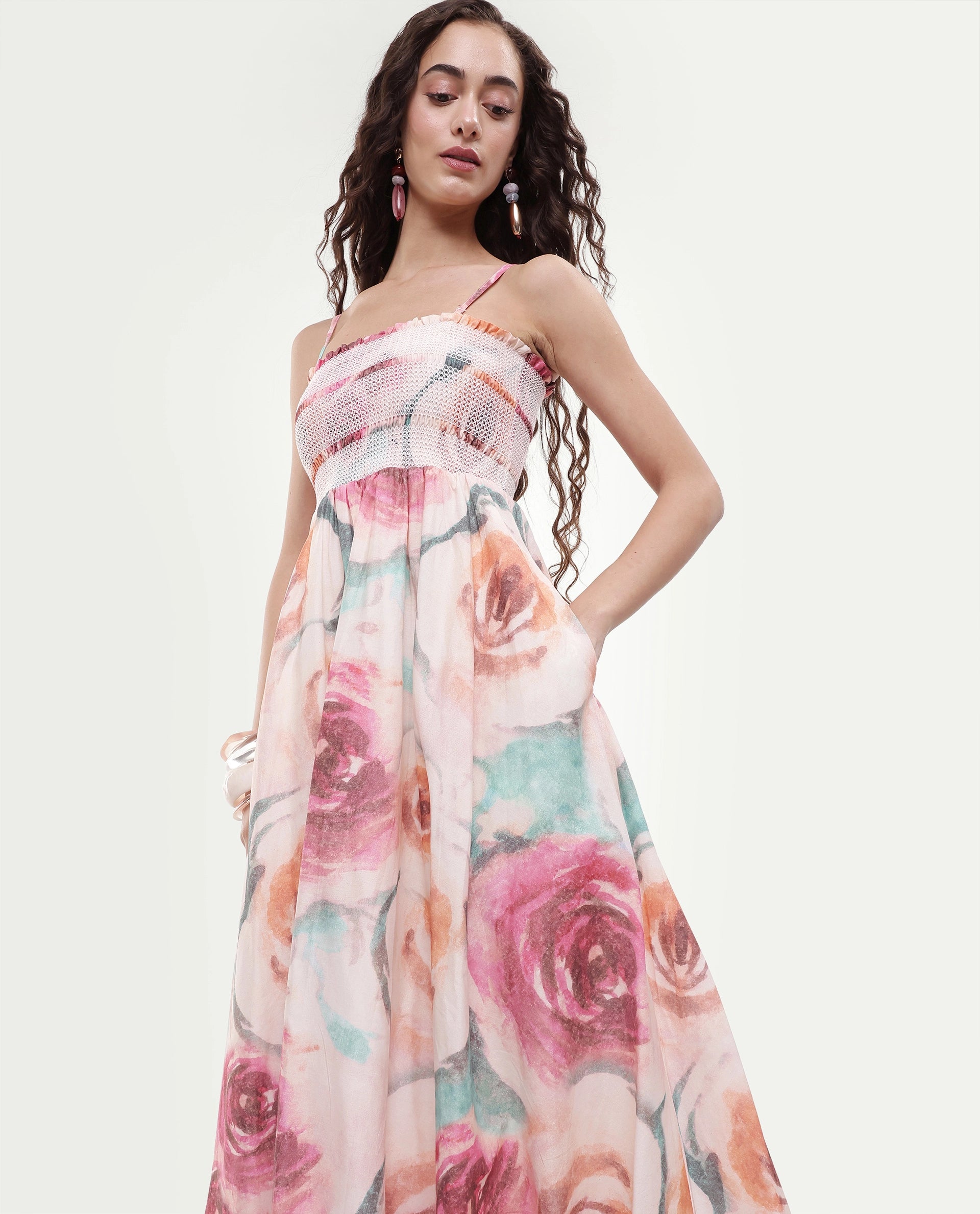 Rareism Women's Cirius Multi Tube Neck Fit And Flare Printed Midi Dress