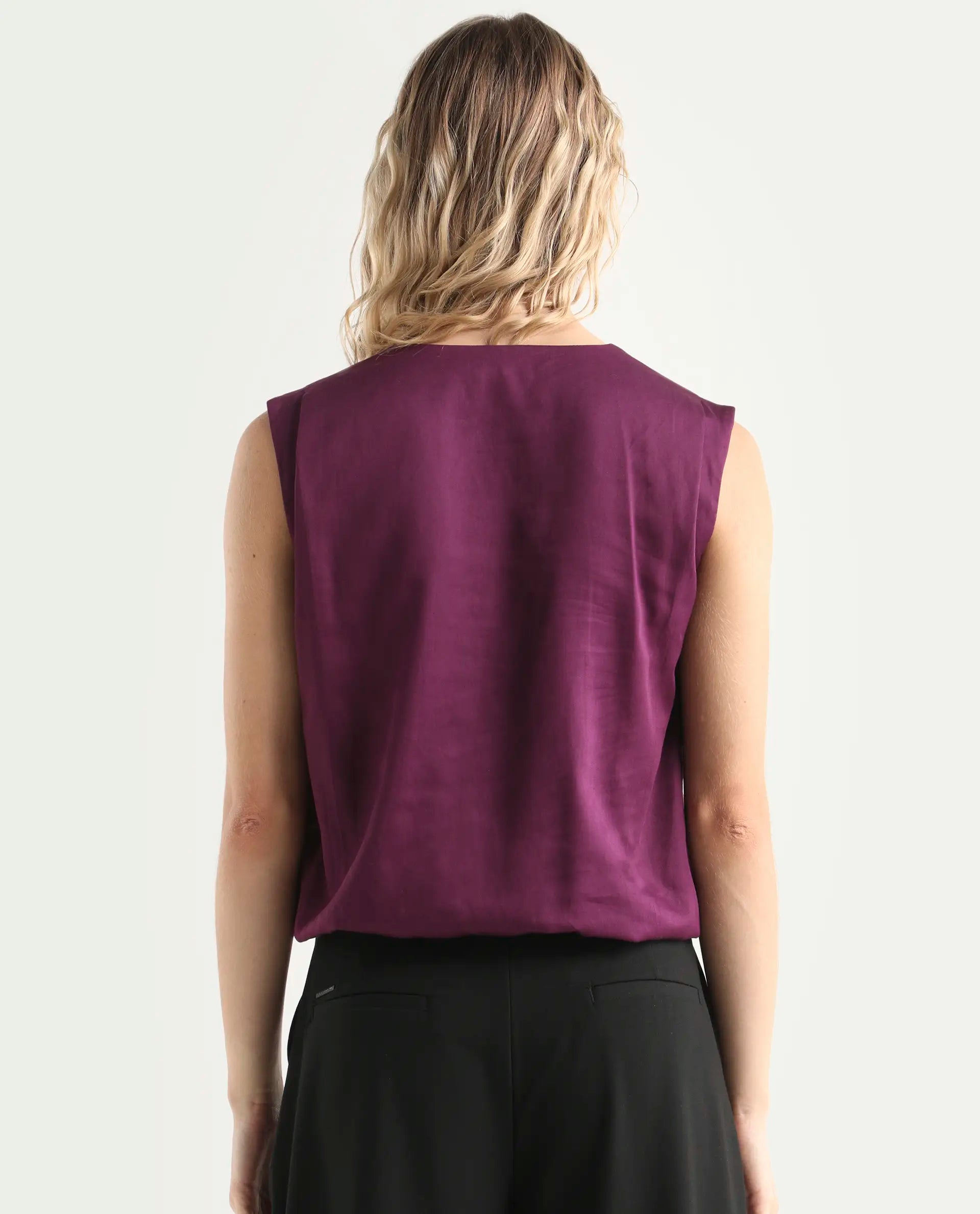 Rareism Women's Nujet Purple Cotton Blend Overlap Neck Regular Fit Plain Top
