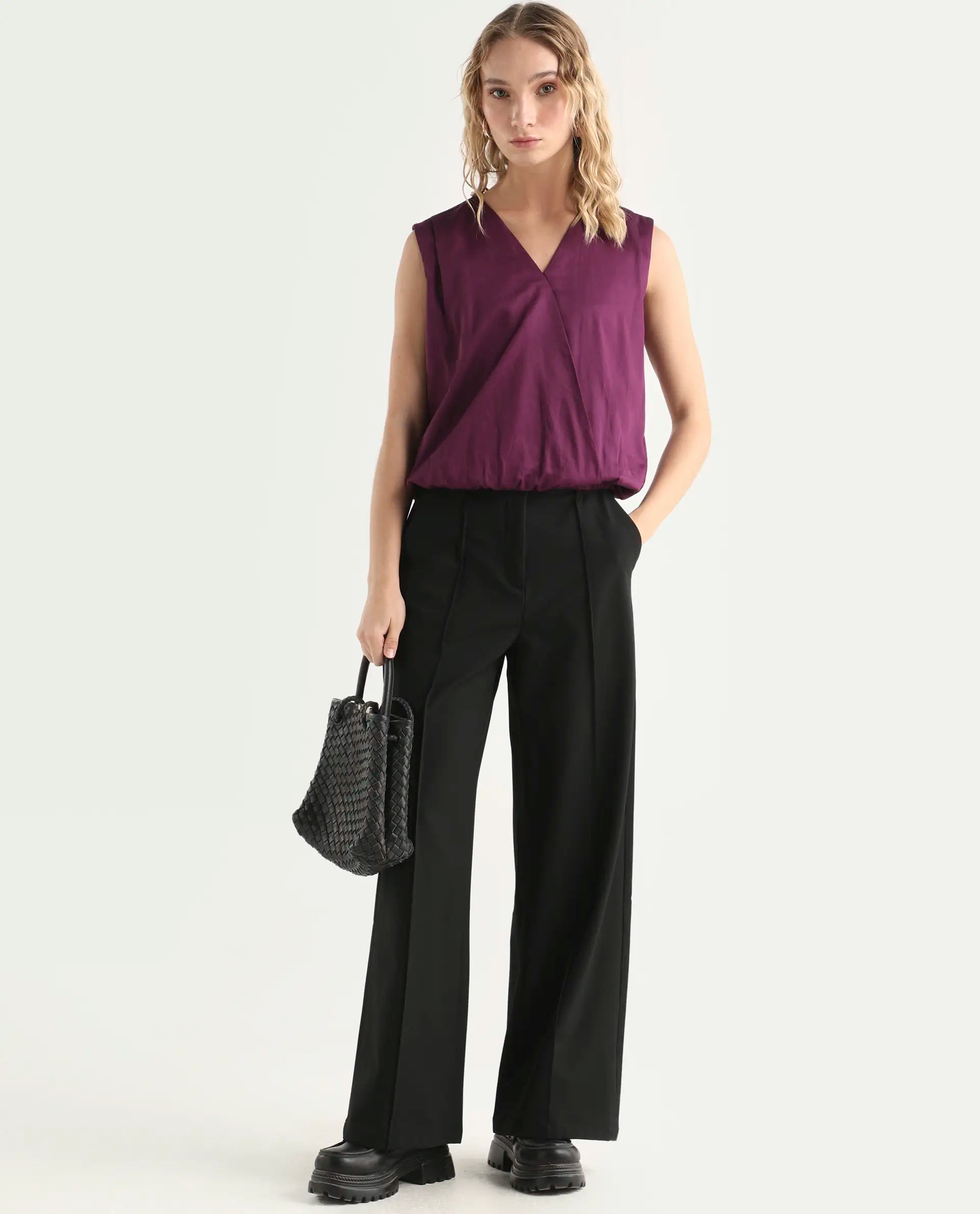 Rareism Women's Nujet Purple Cotton Blend Overlap Neck Regular Fit Plain Top