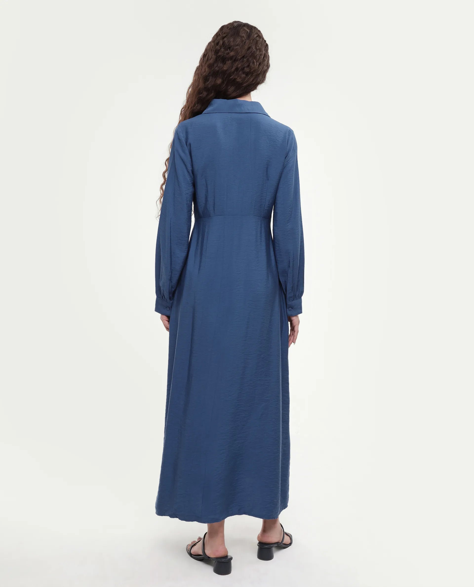 Rareism Women's Jenzif Blue Viscose Blend Collared Neck A-Line Plain Dress
