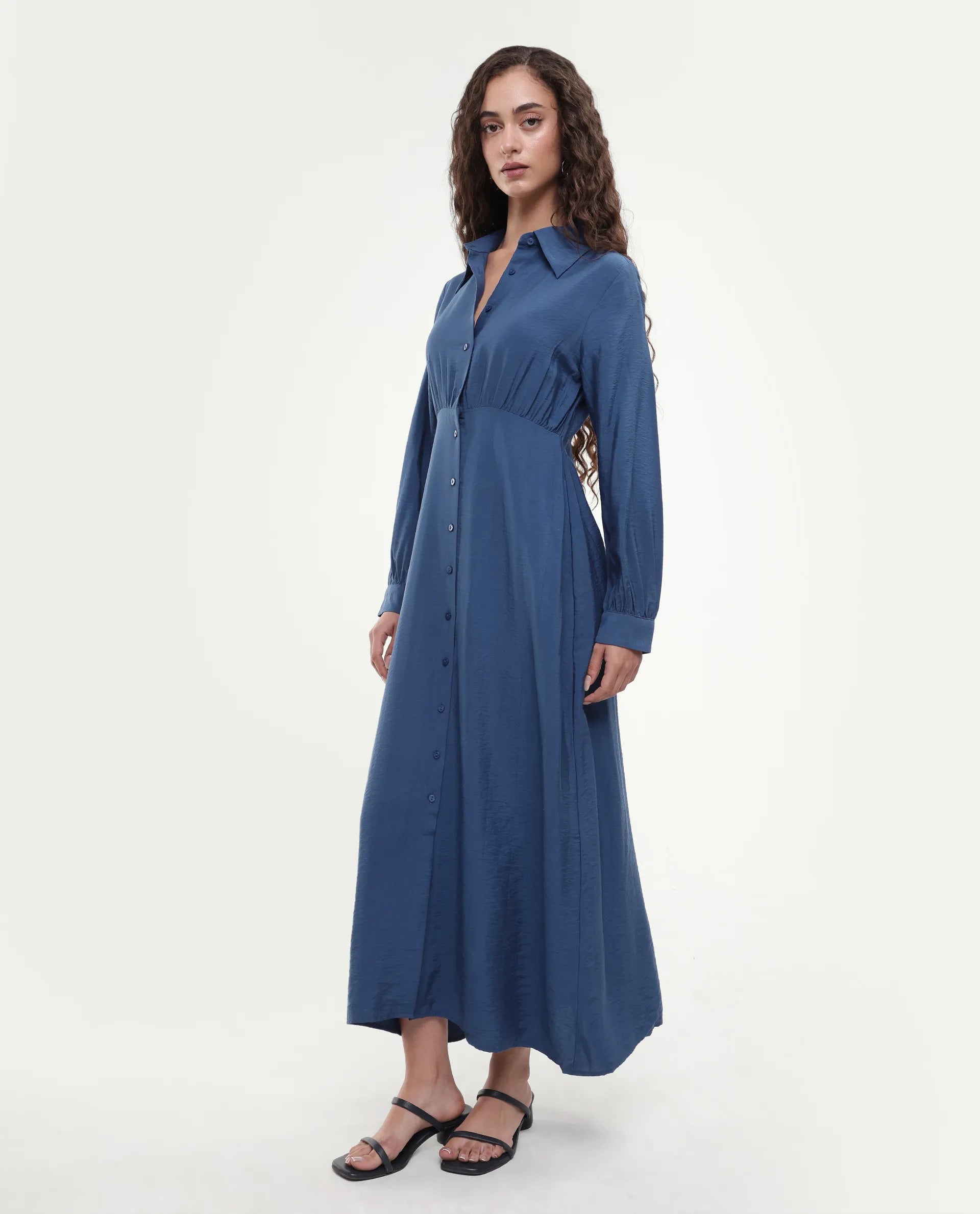 Rareism Women's Jenzif Blue Viscose Blend Collared Neck A-Line Plain Dress