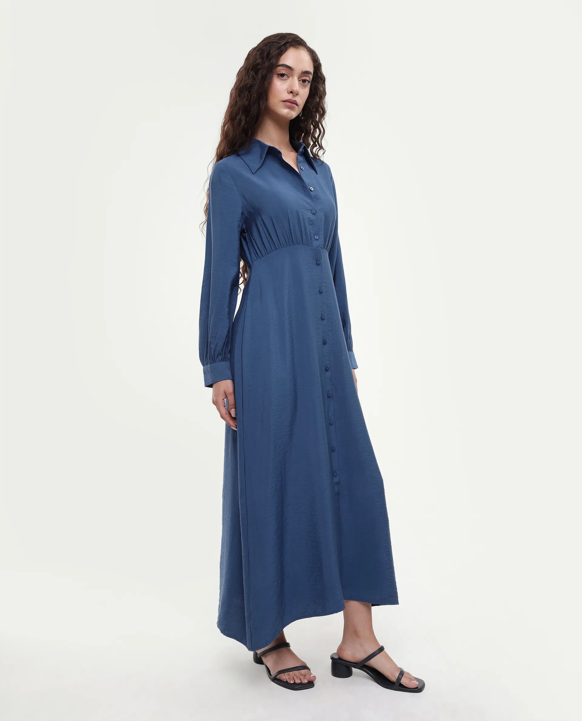 Rareism Women's Jenzif Blue Viscose Blend Collared Neck A-Line Plain Dress