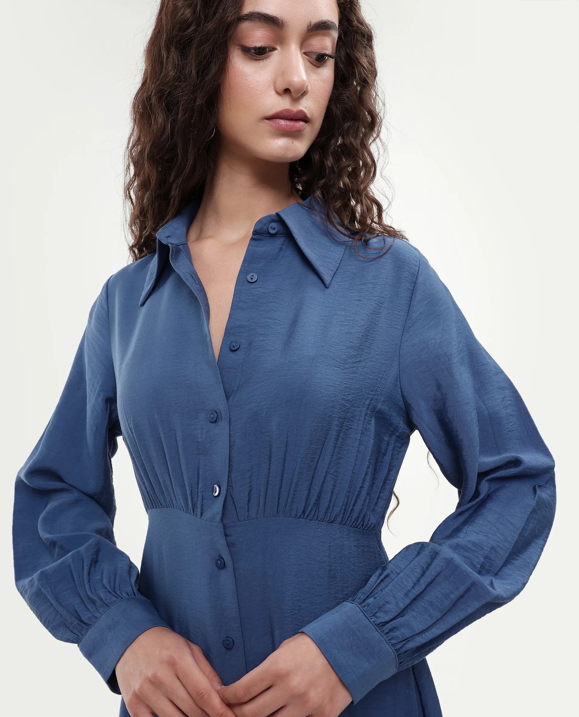 Rareism Women's Jenzif Blue Viscose Blend Collared Neck A-Line Plain Dress