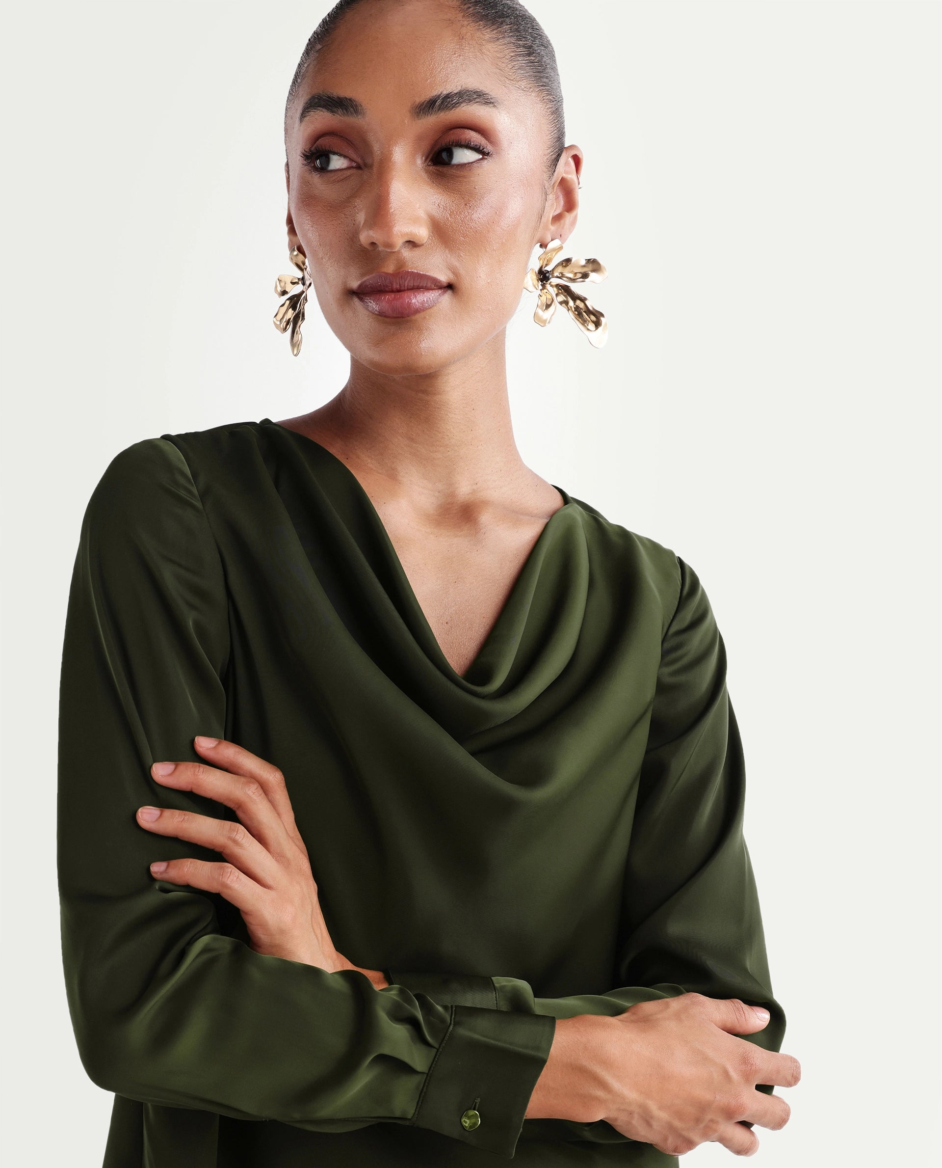 Rareism Women's Avier Olive Polyester Full Sleeve Cowl Neck Regular Fit Plain Top