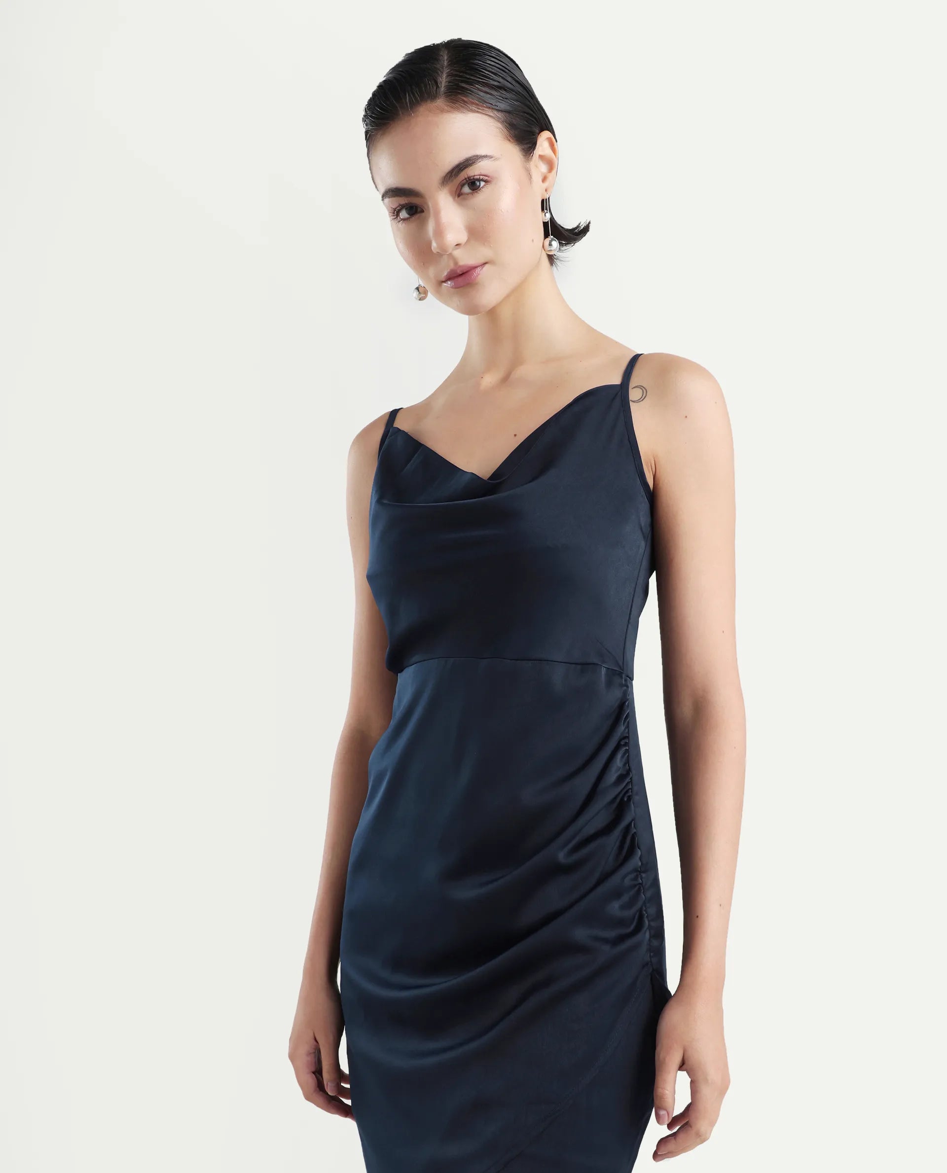 Rareism Women's Avilu Navy Polyester Shoulder Straps Fitted Plain Dress