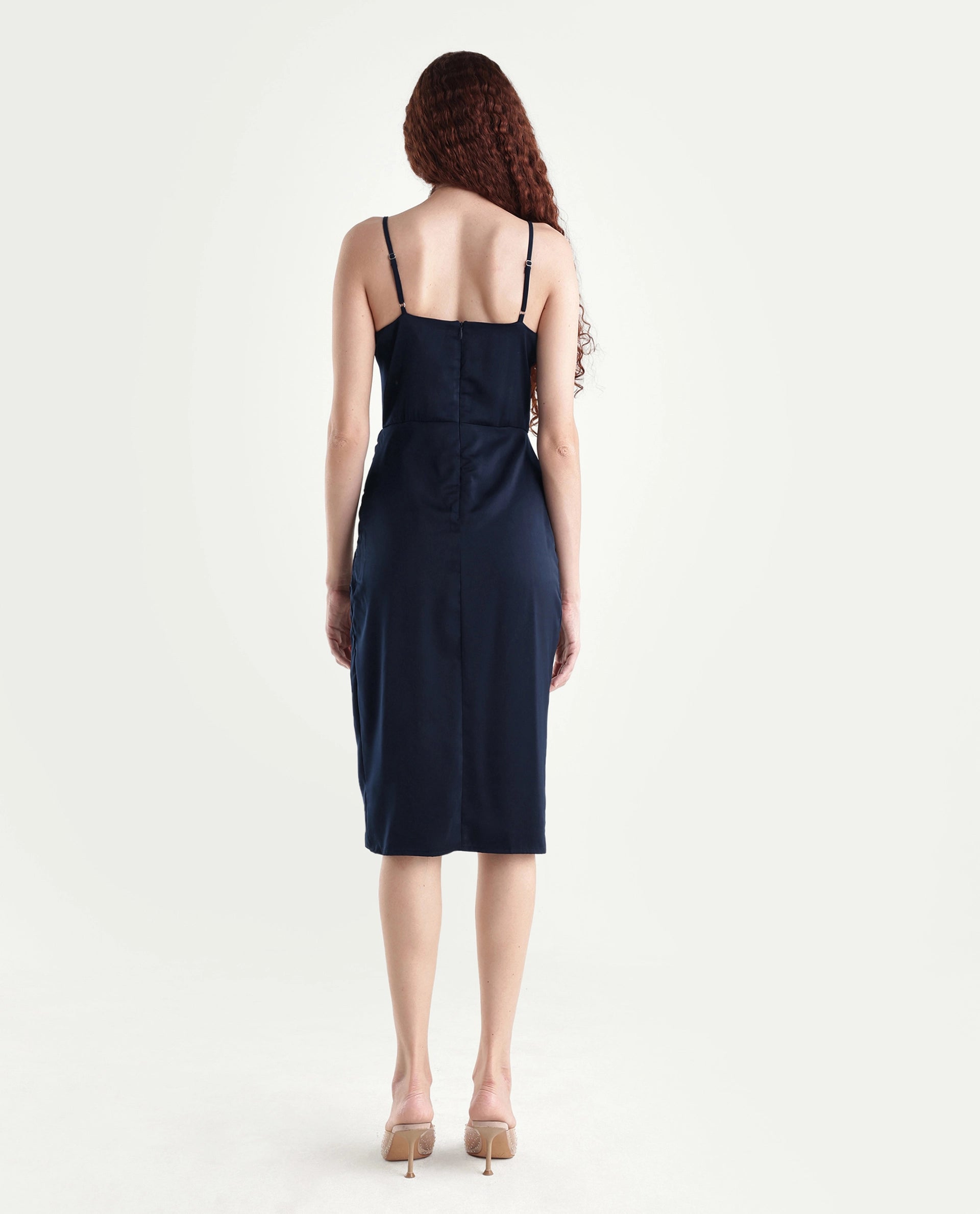 Rareism Women's Avilu Navy Polyester Shoulder Straps Fitted Plain Dress