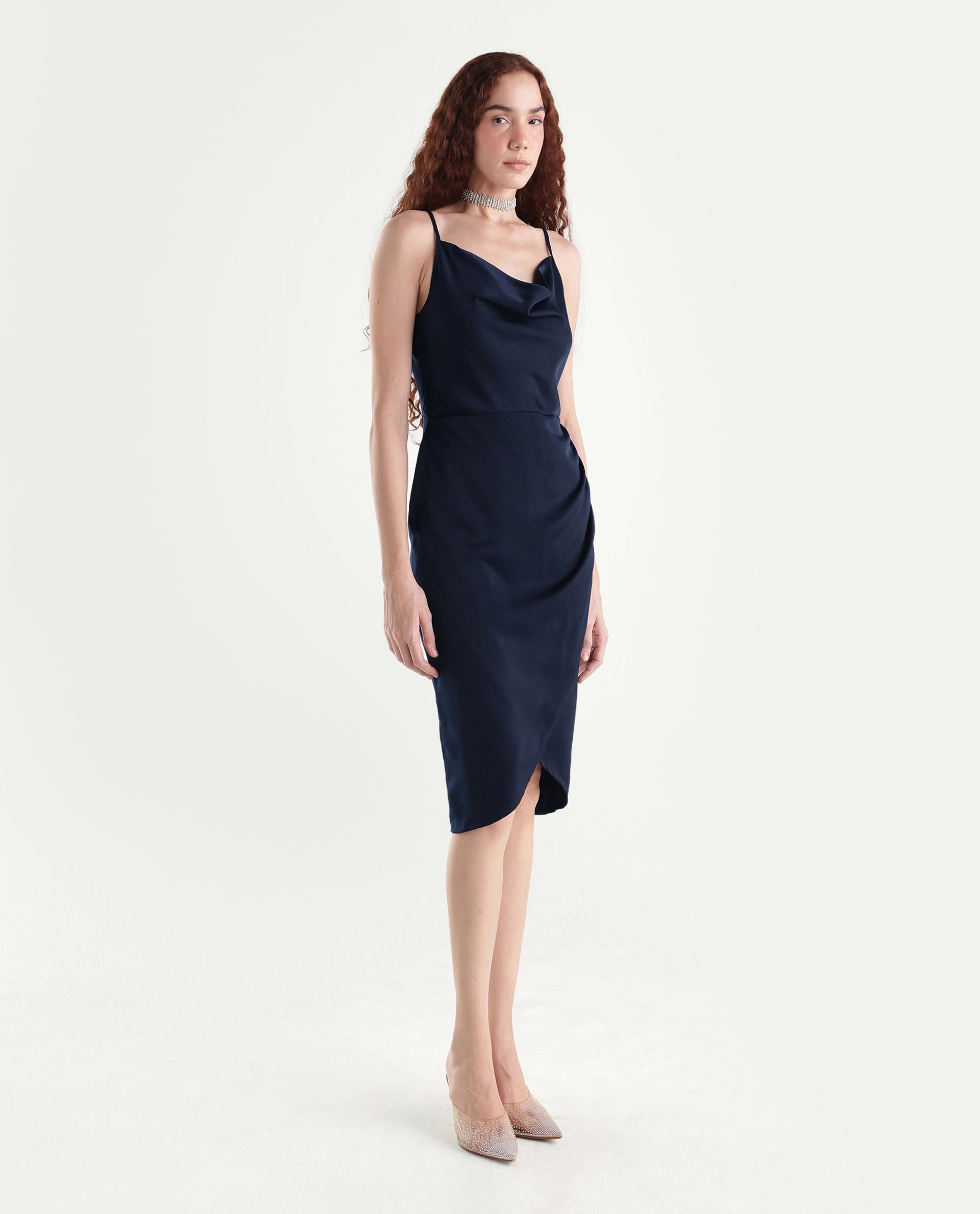 Rareism Women's Avilu Navy Polyester Shoulder Straps Fitted Plain Dress