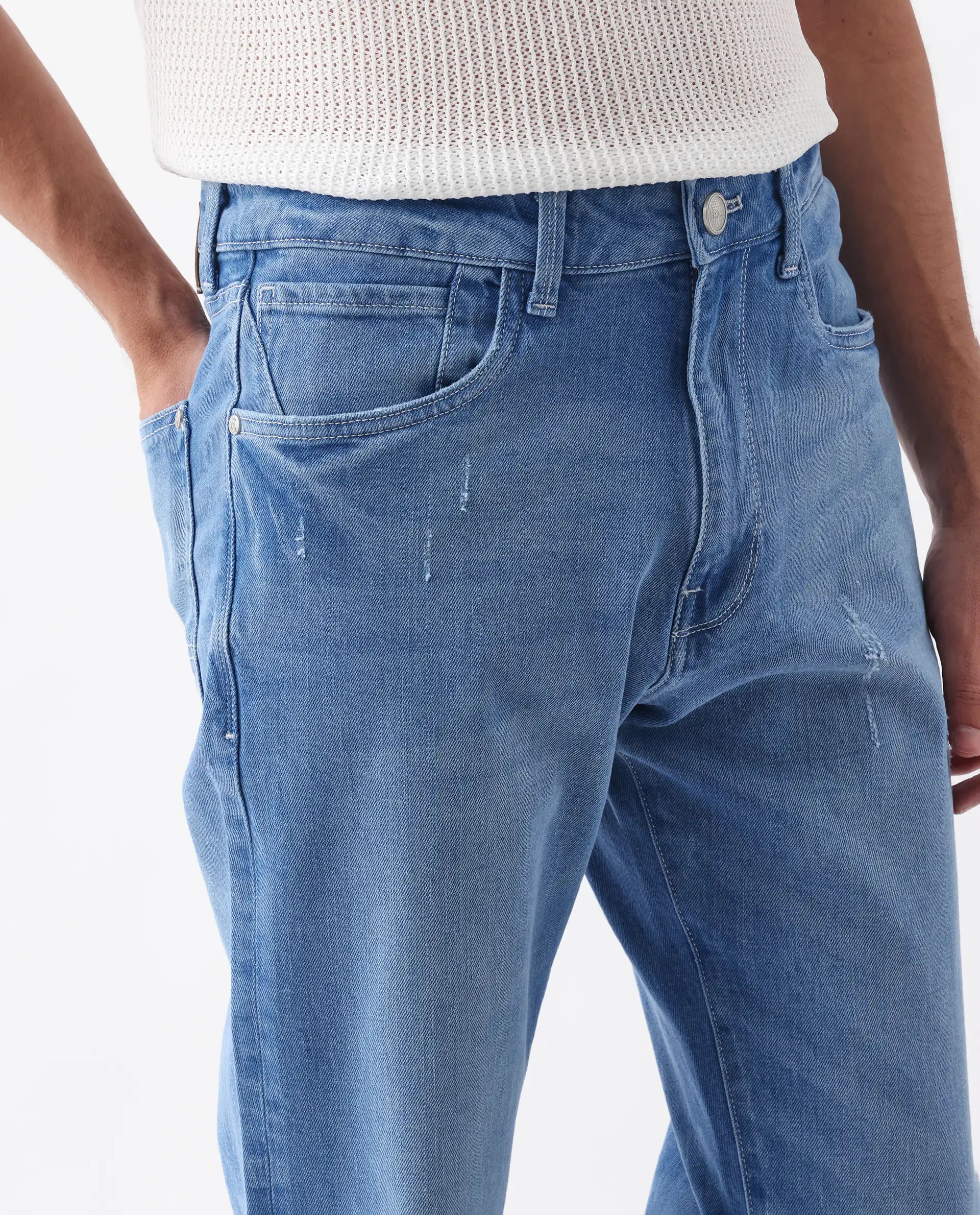 Rare Rabbit Men's Vlad-M Light Blue Cotton Blend Plain Morris Regular Fit Jeans