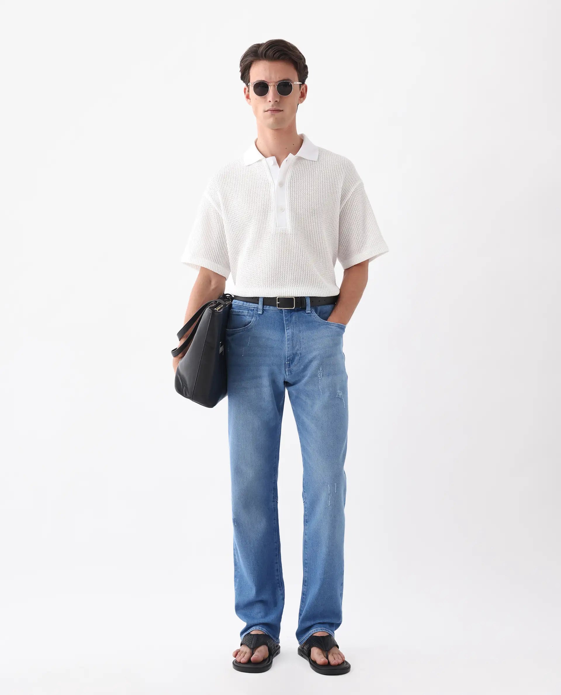 Rare Rabbit Men's Vlad-M Light Blue Cotton Blend Plain Morris Regular Fit Jeans